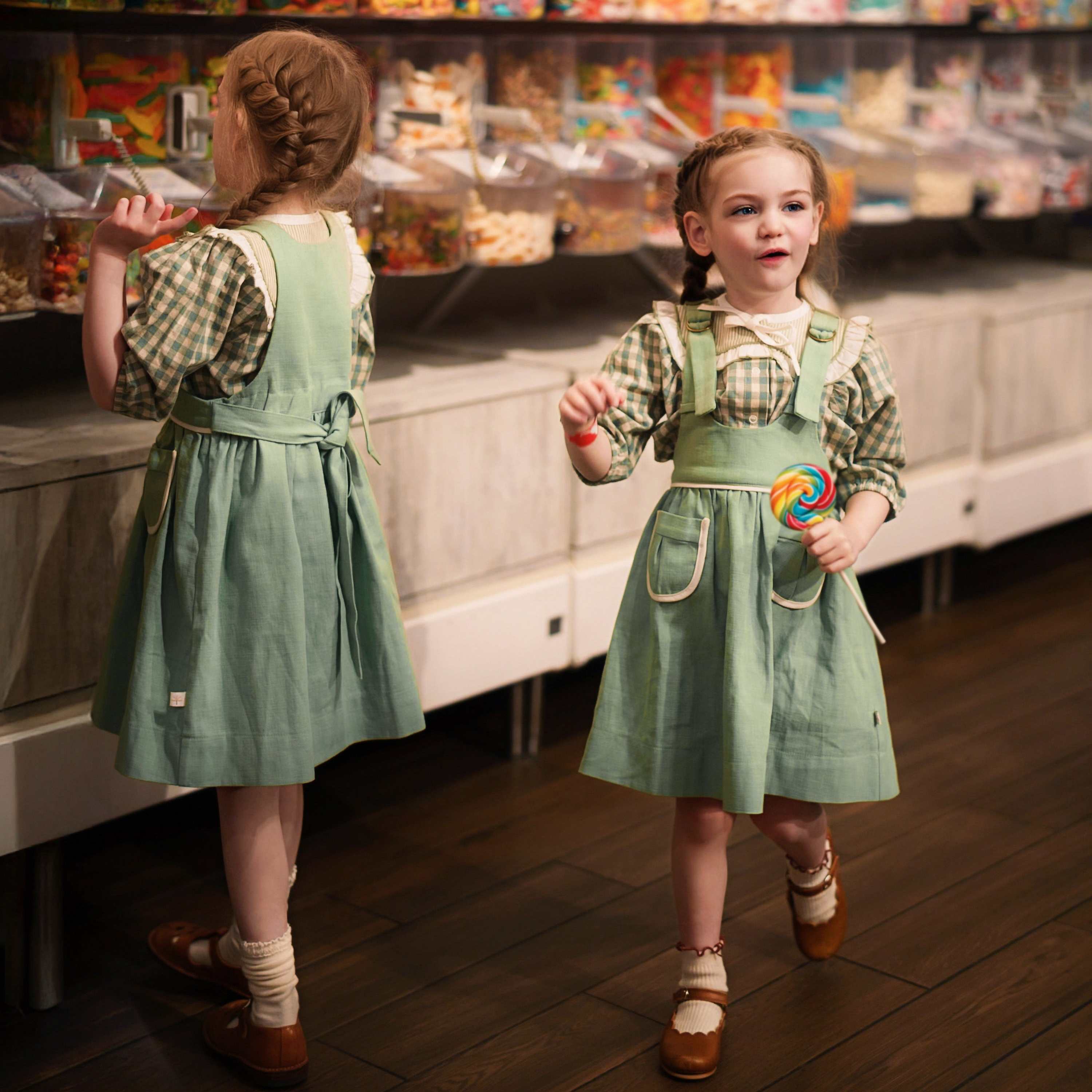 Two young girls in matching outfits standing in a candy store.