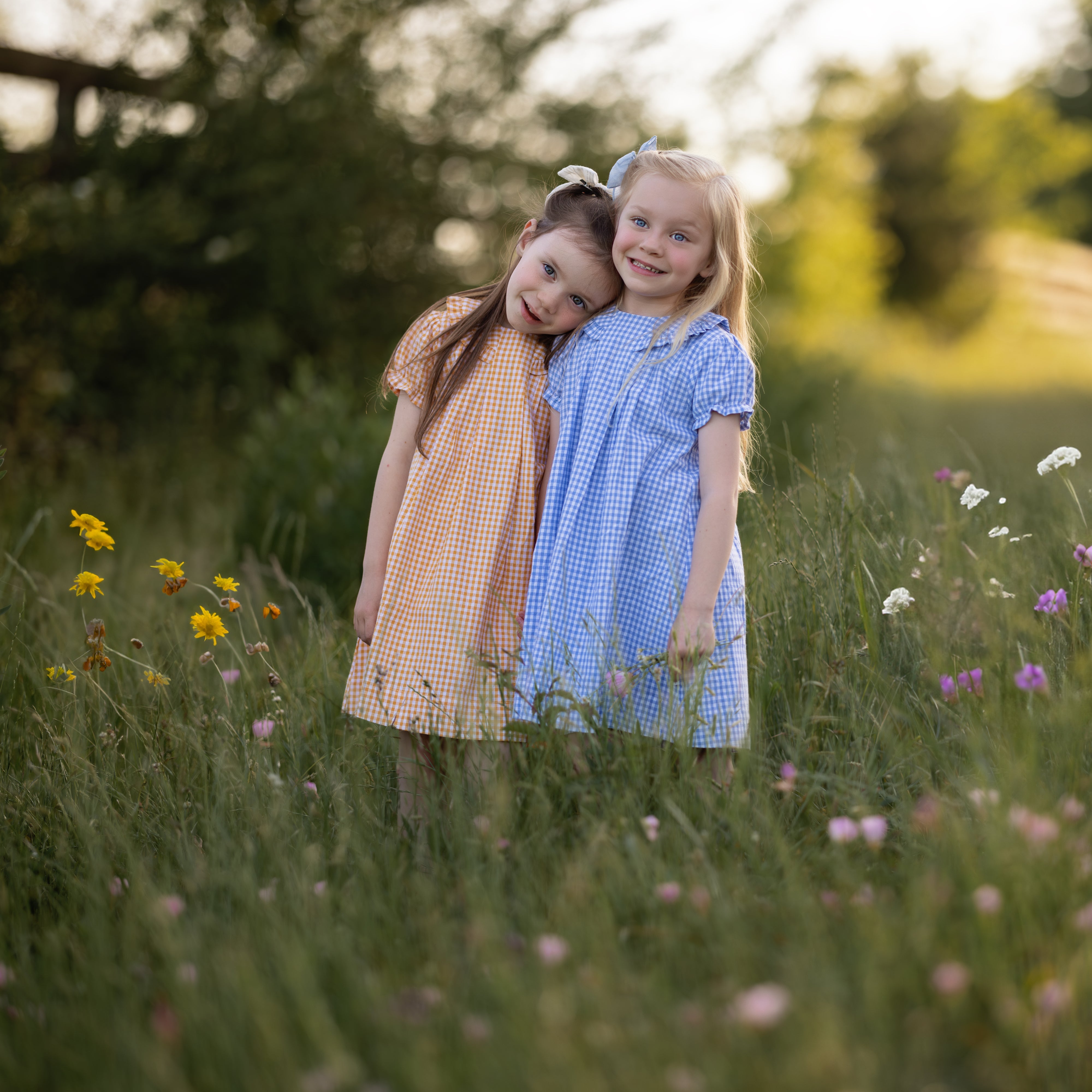 Twins girls wearing checkered dresses standing in a field of wildflowers.