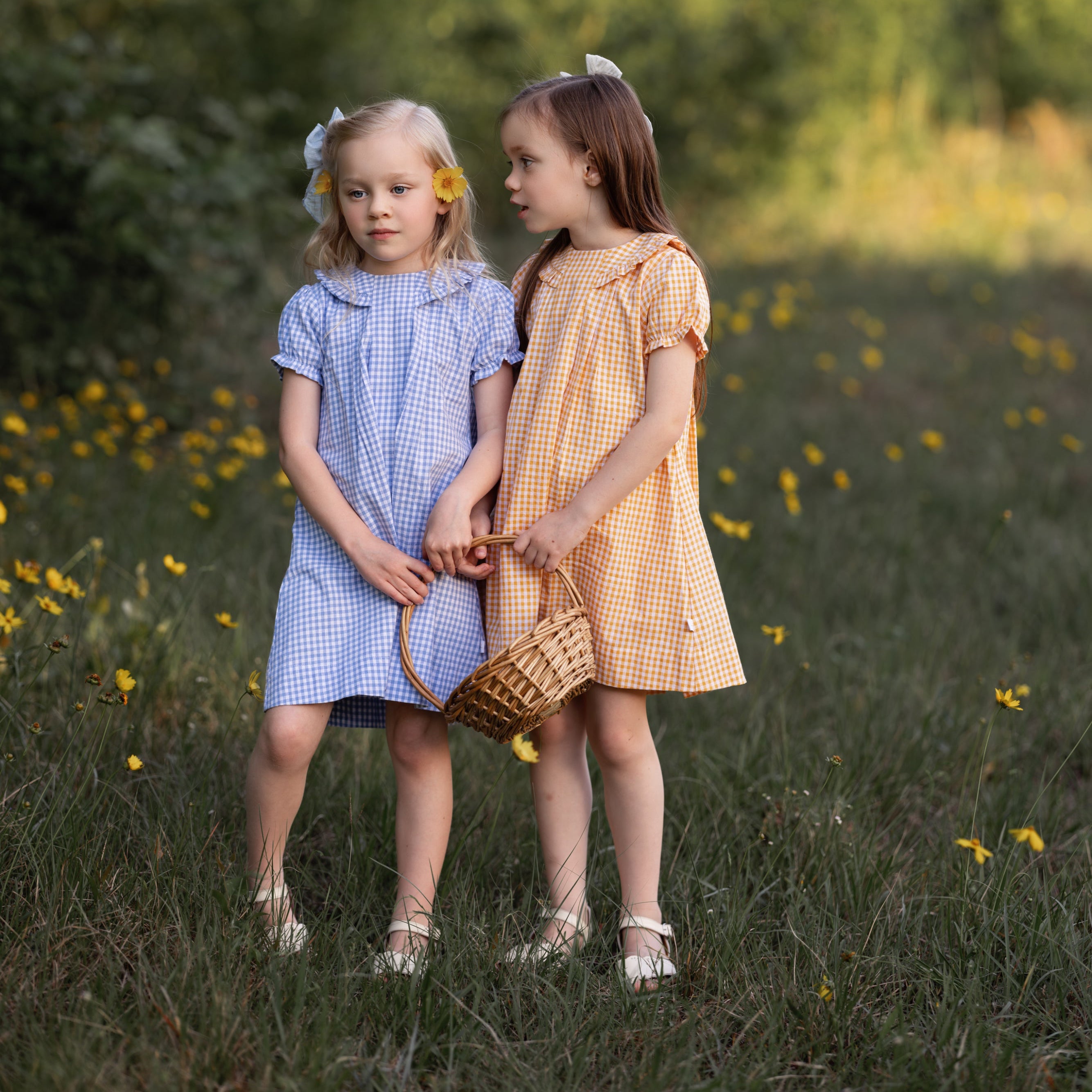 Twins girls wearing checkered dresses standing holding a basket.