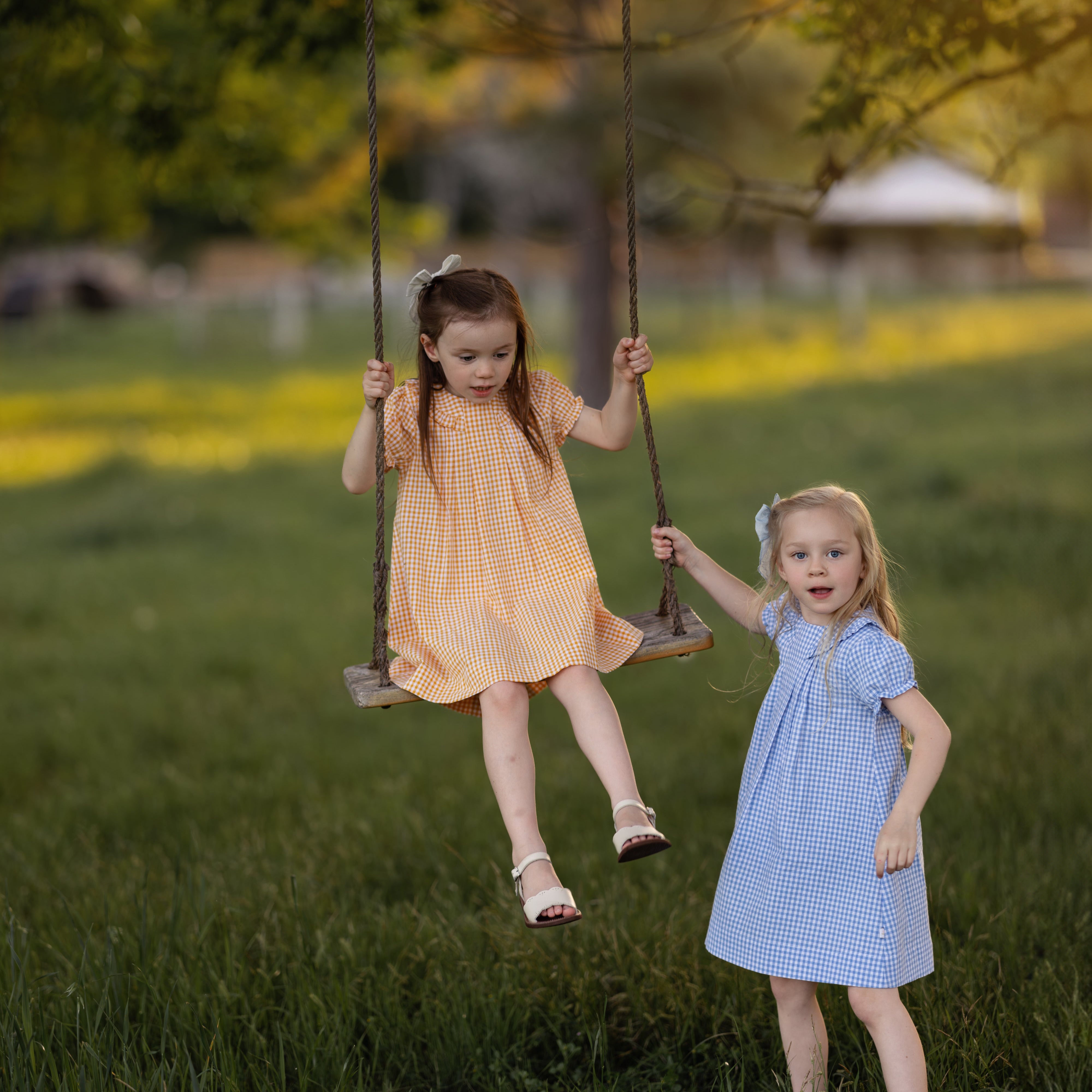 Twins girls wearing checkered dresses on a swing.