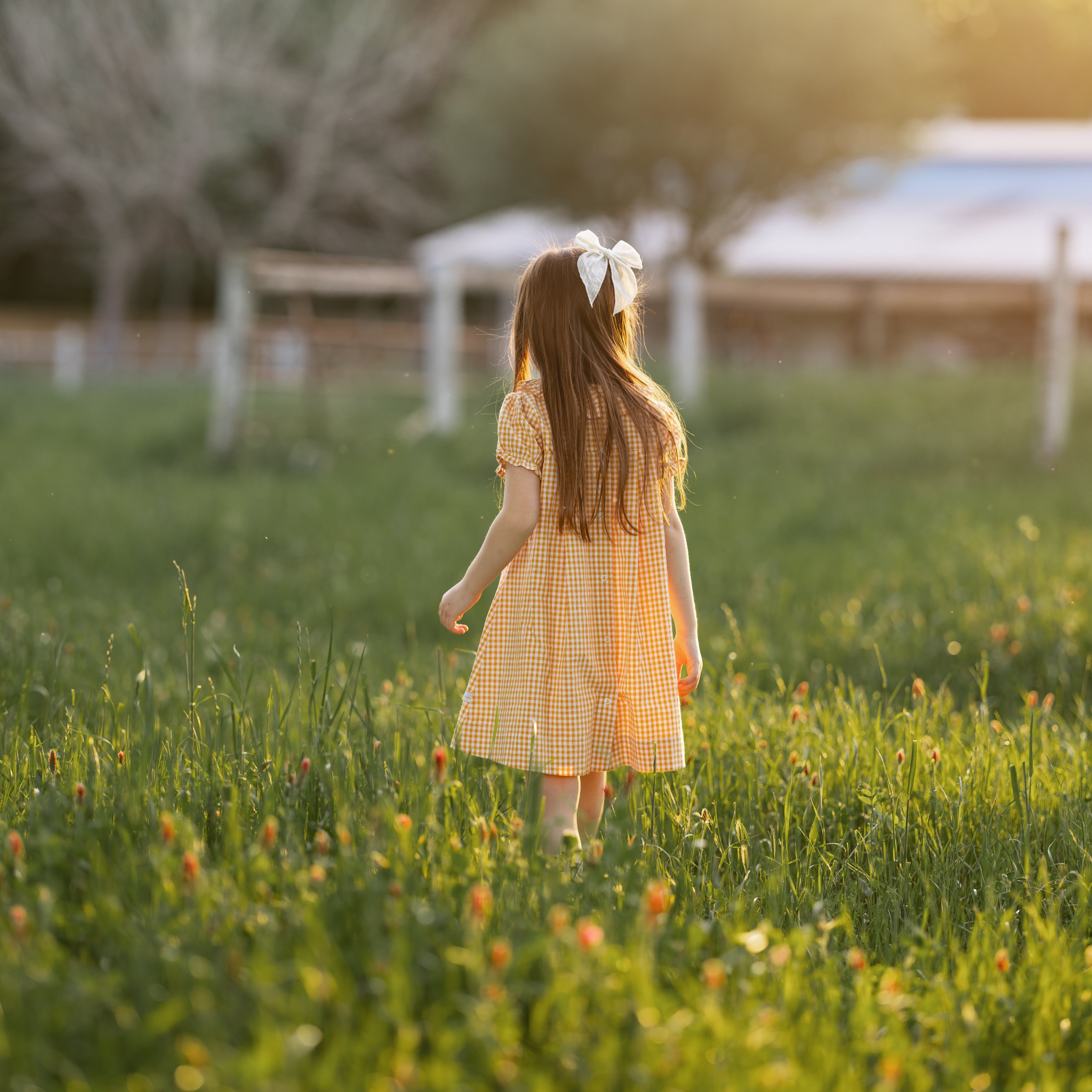 Girl wearing a yellow and white checkered dresses standing in a green field.