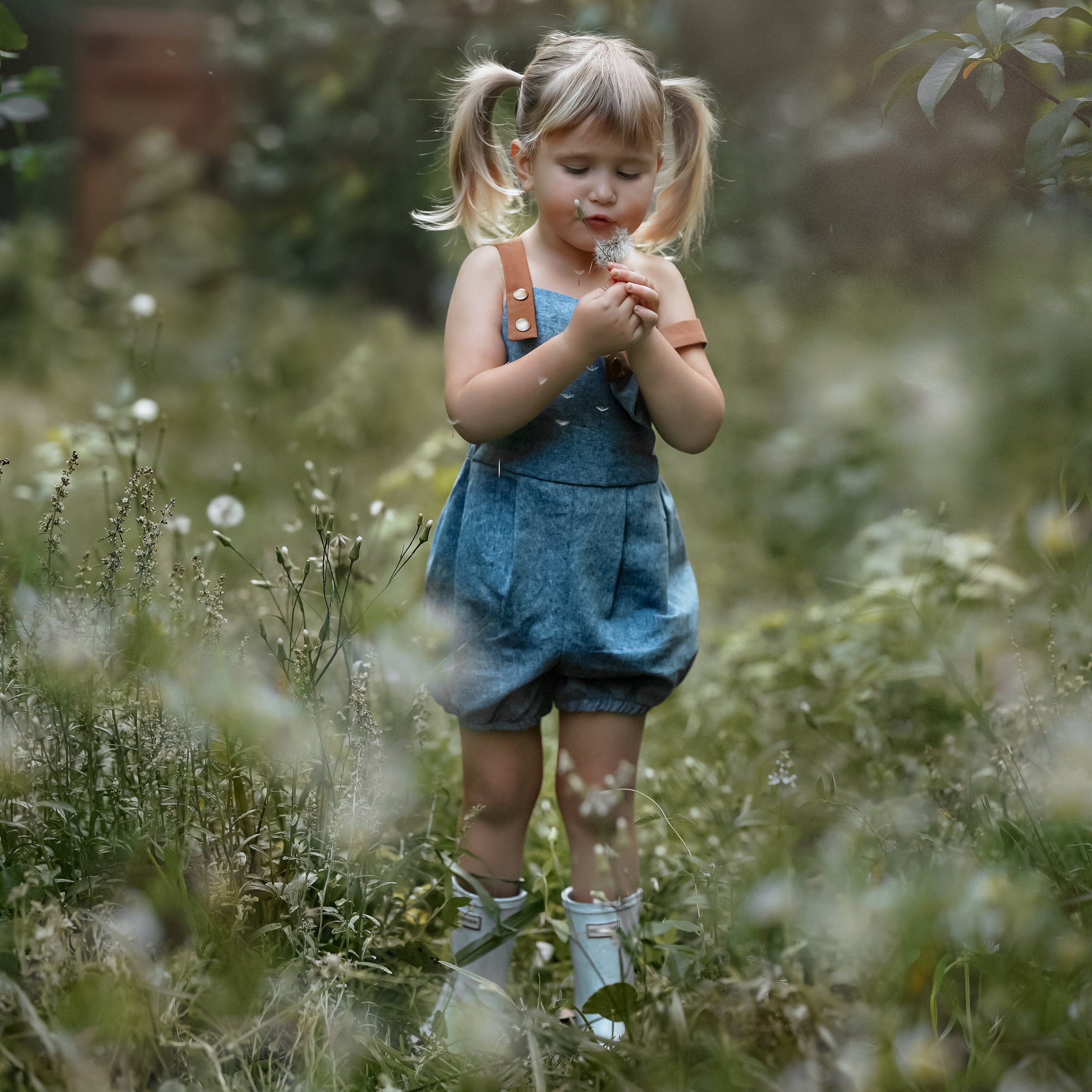 A full view of a little girl in a Blue Jay bubble romper, standing in a sunny field as she blows dandelion seeds. Her joyful expression and the vibrant romper highlight the carefree essence of summer play, surrounded by the beauty of nature.