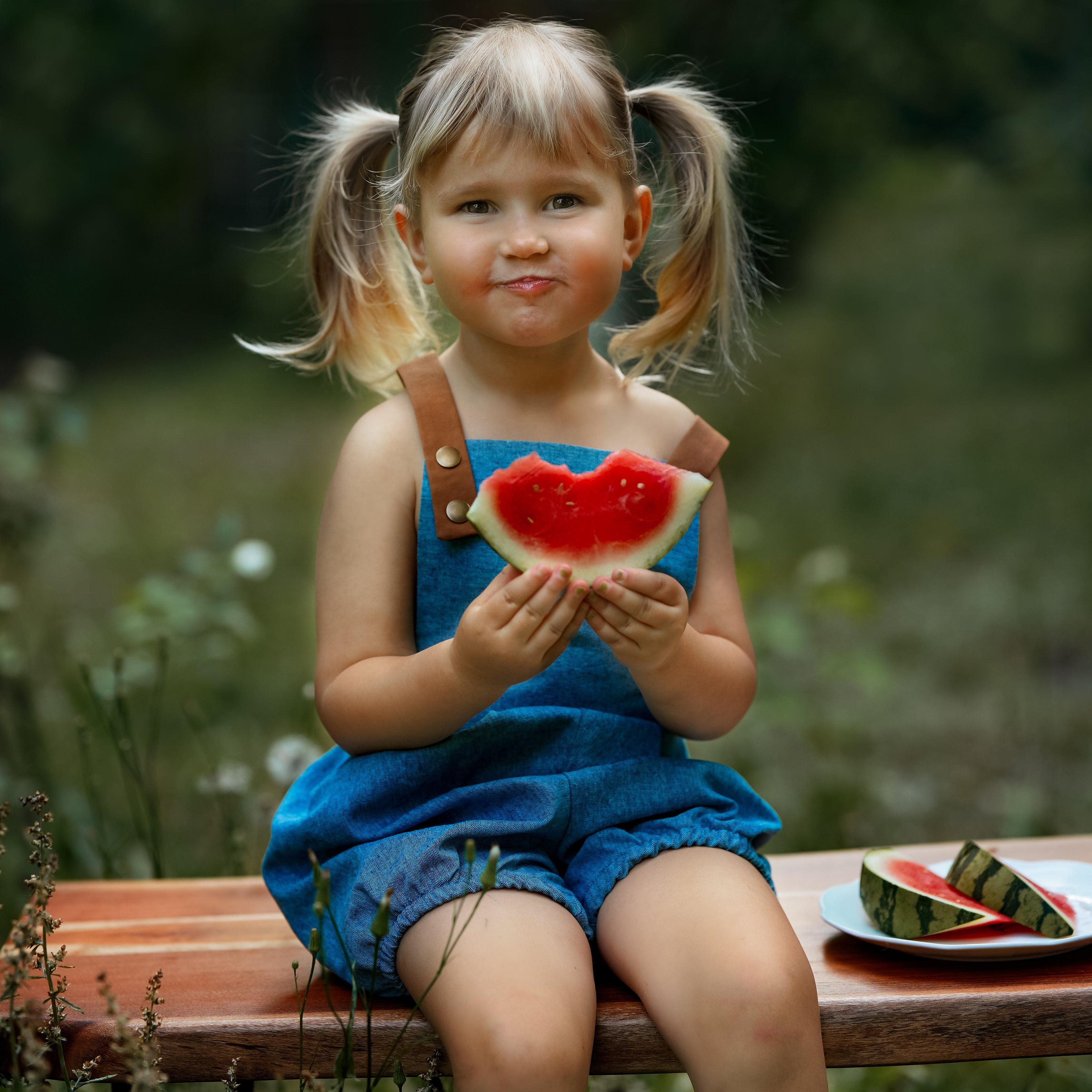 A little girl sitting down in a Blue Jay bubble romper, smiling joyfully while enjoying a slice of watermelon. The romper's adjustable straps and elasticized legs add to her comfort, embodying the carefree spirit of summer.