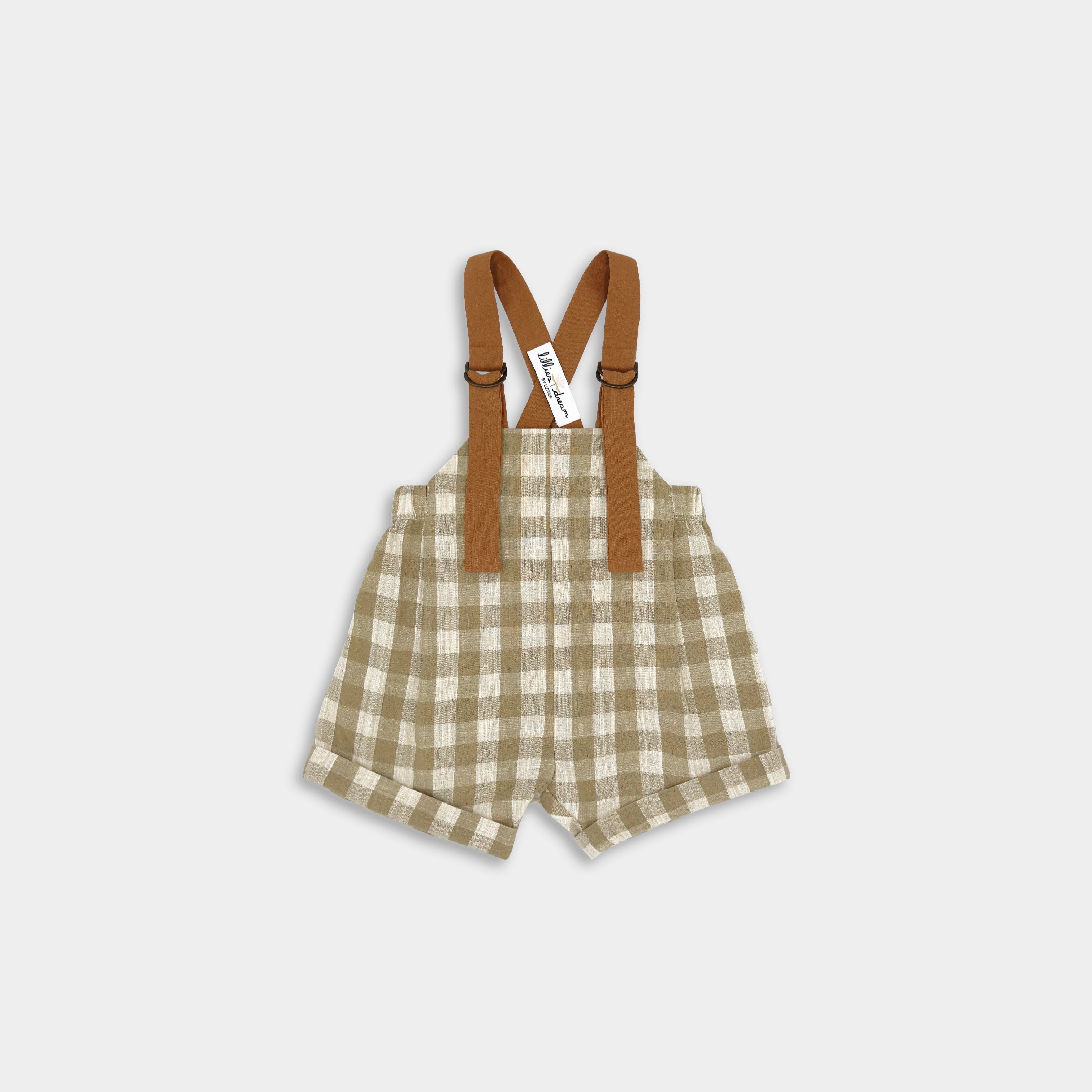 Front view of Unisex Grow-With-Me Romper in Beige Gingham for boys and girls, featuring fully adjustable brown straps for a customizable fit as your child grows, stylish leather-looking straps for added durability, a timeless gingham pattern perfect for any occasion, and soft, breathable fabric ensuring all-day comfort.
