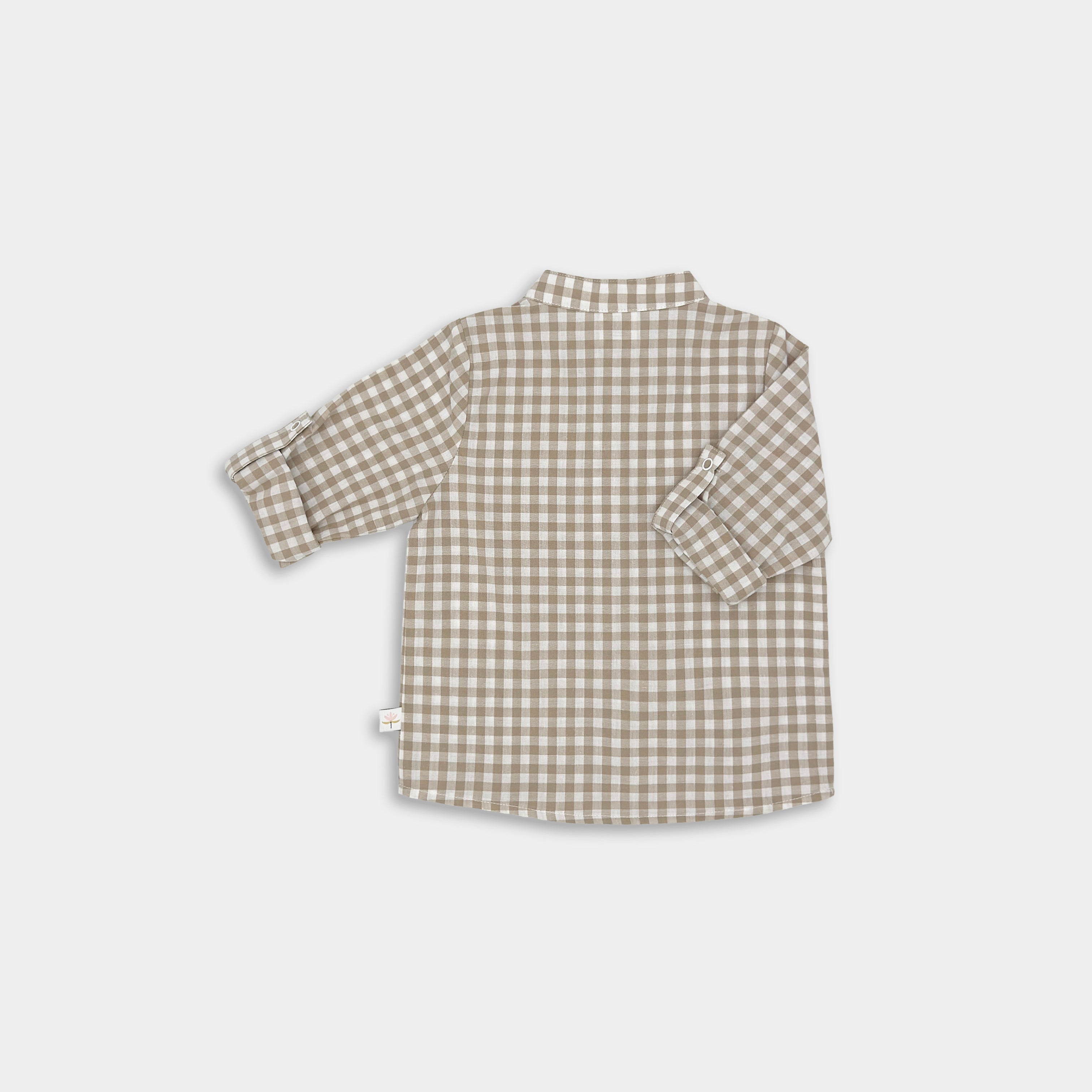 Back view of high Quality Beige Gingham Henley Shirt featuring a classic Henley placket and 3/4 cuffed sleeves that can be unrolled for layering. Made in natural cotton and pre washed.