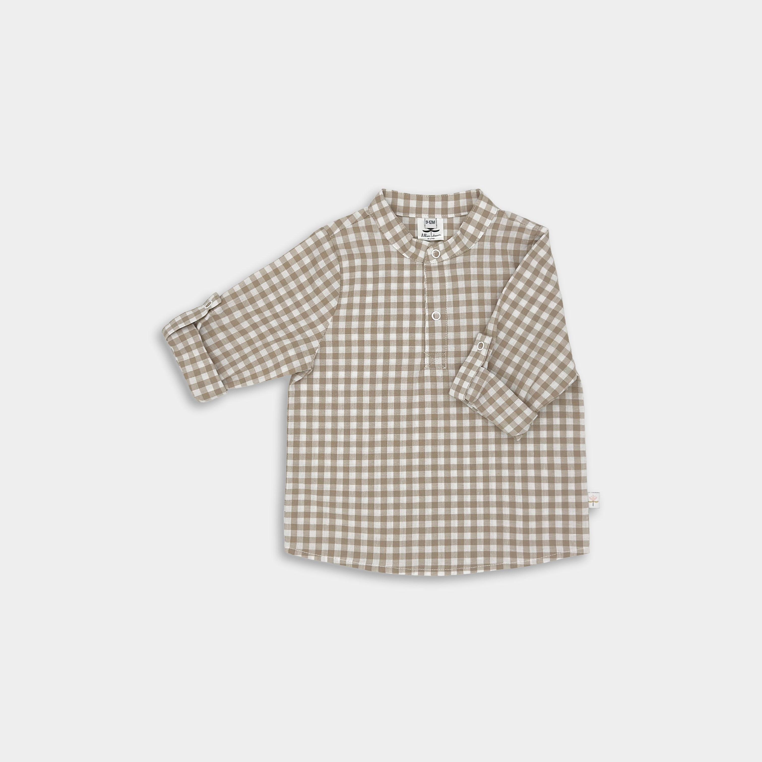 Front view of high Quality Beige Gingham Henley Shirt featuring a classic Henley placket and 3/4 cuffed sleeves that can be unrolled for layering. Made in natural cotton and pre washed.