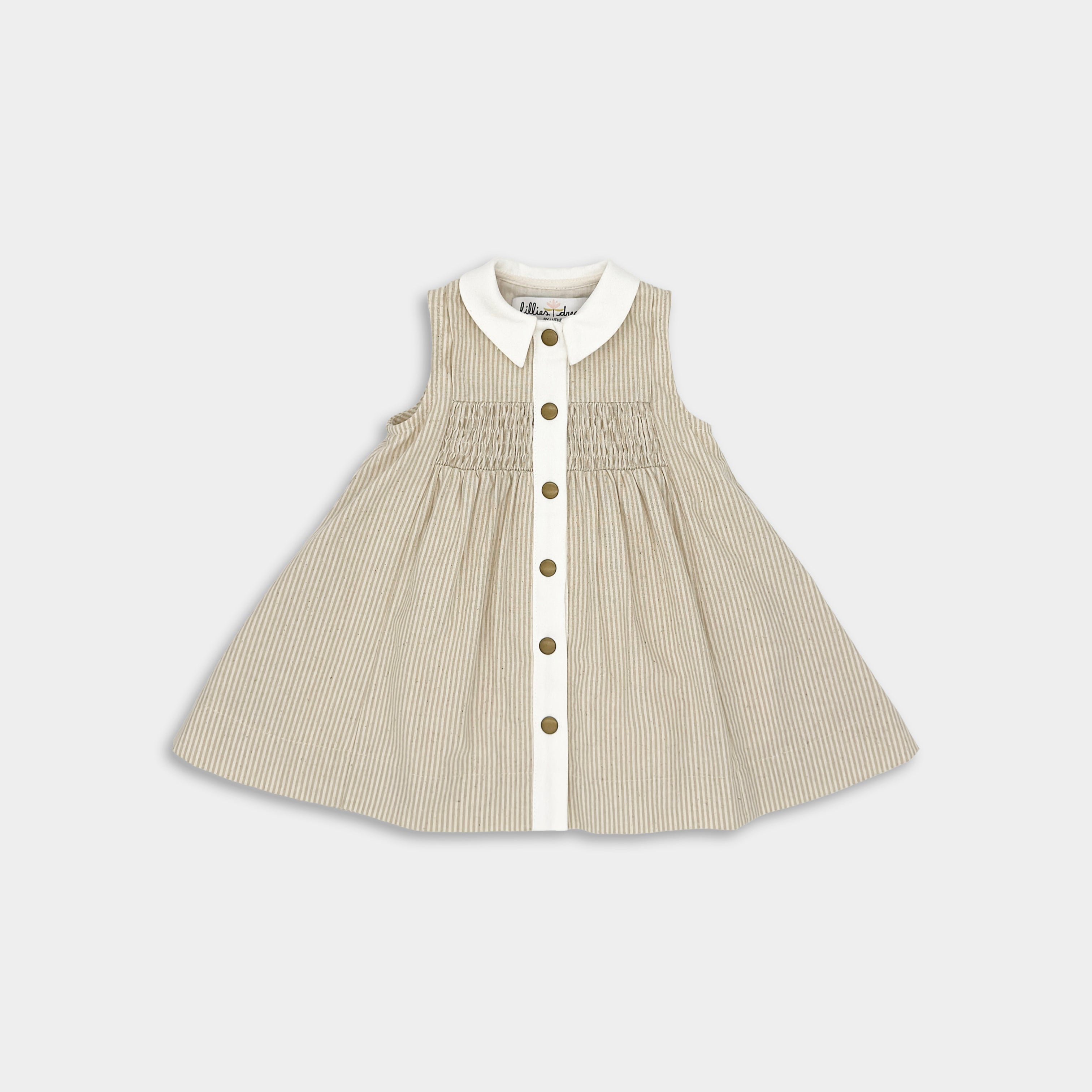 Front view of Beige Stripes Dress designed for little girls, featuring vintage-inspired sleeveless style, white linen collar and button placket adorable smocking and pleat accents, quick Antique Brass lead-free snap closure, playful above-the-knee length, fully lined with 100% cotton for comfort, and pre-washed to maintain shape and minimize shrinking, blending fun and elegance in sustainable children's wear.