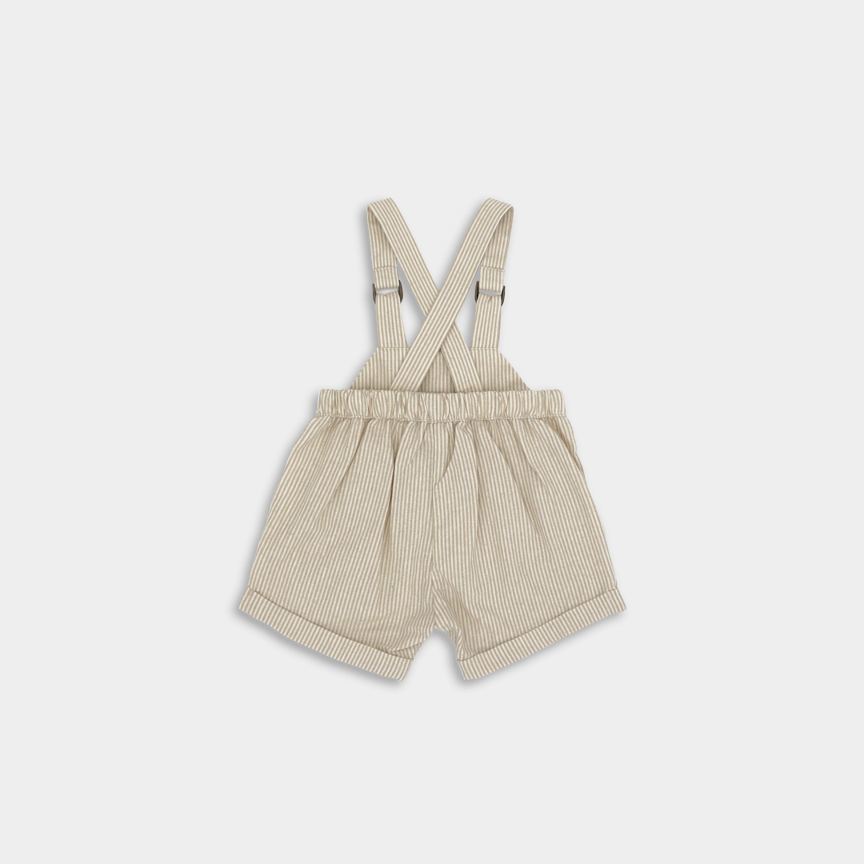 Back view of Grow-With-Me Romper - Beige Stripes designed for both boys and girls, featuring fully adjustable straps for a customizable fit as your child grows, classic timeless beige stripes pattern that never goes out of style, and comfortable, soft, and breathable fabric for all-day wear, blending functionality with enduring fashion in sustainable children's attire.