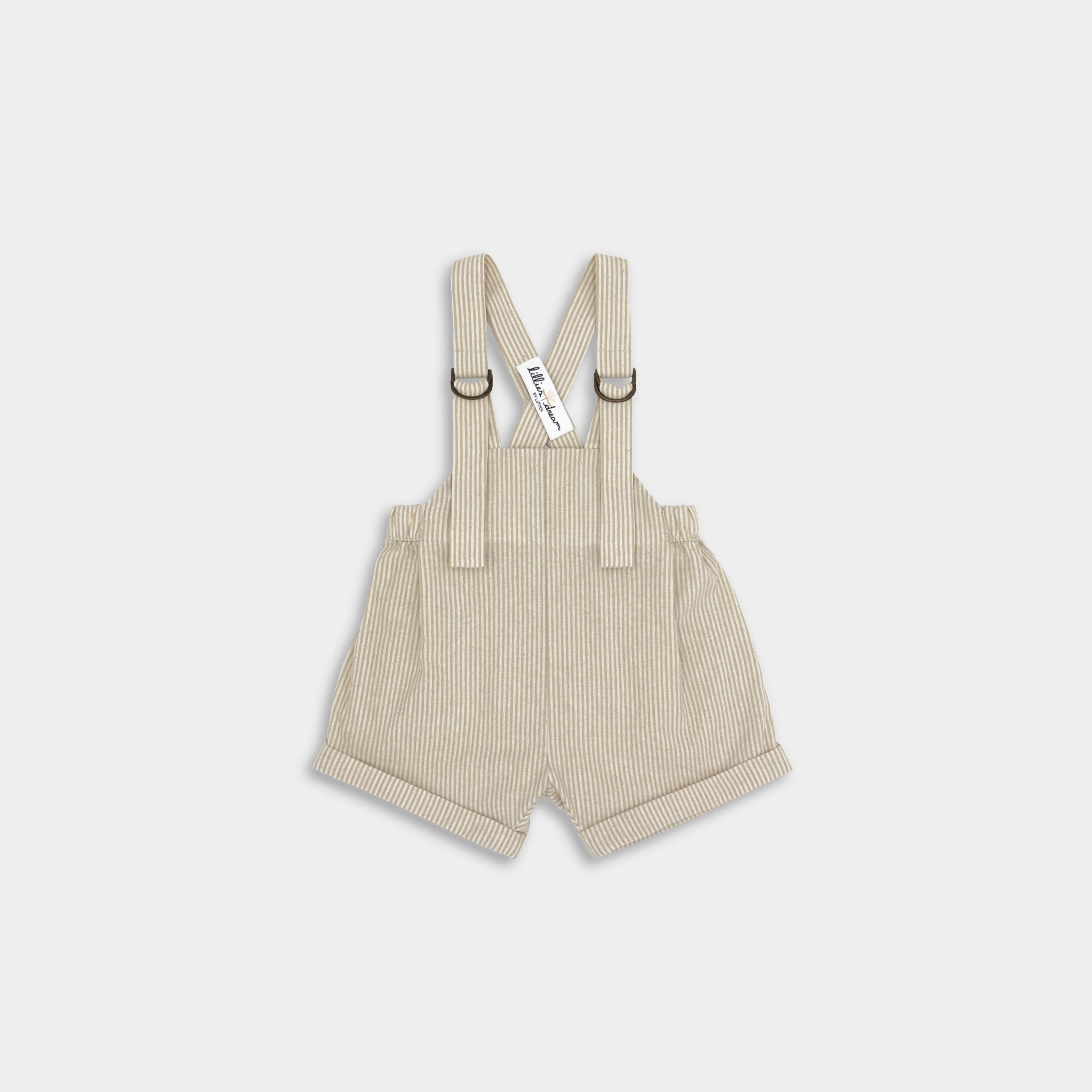 Front view of Grow-With-Me Romper - Beige Stripes designed for both boys and girls, featuring fully adjustable straps for a customizable fit as your child grows, classic timeless beige stripes pattern that never goes out of style, and comfortable, soft, and breathable fabric for all-day wear, blending functionality with enduring fashion in sustainable children's attire.