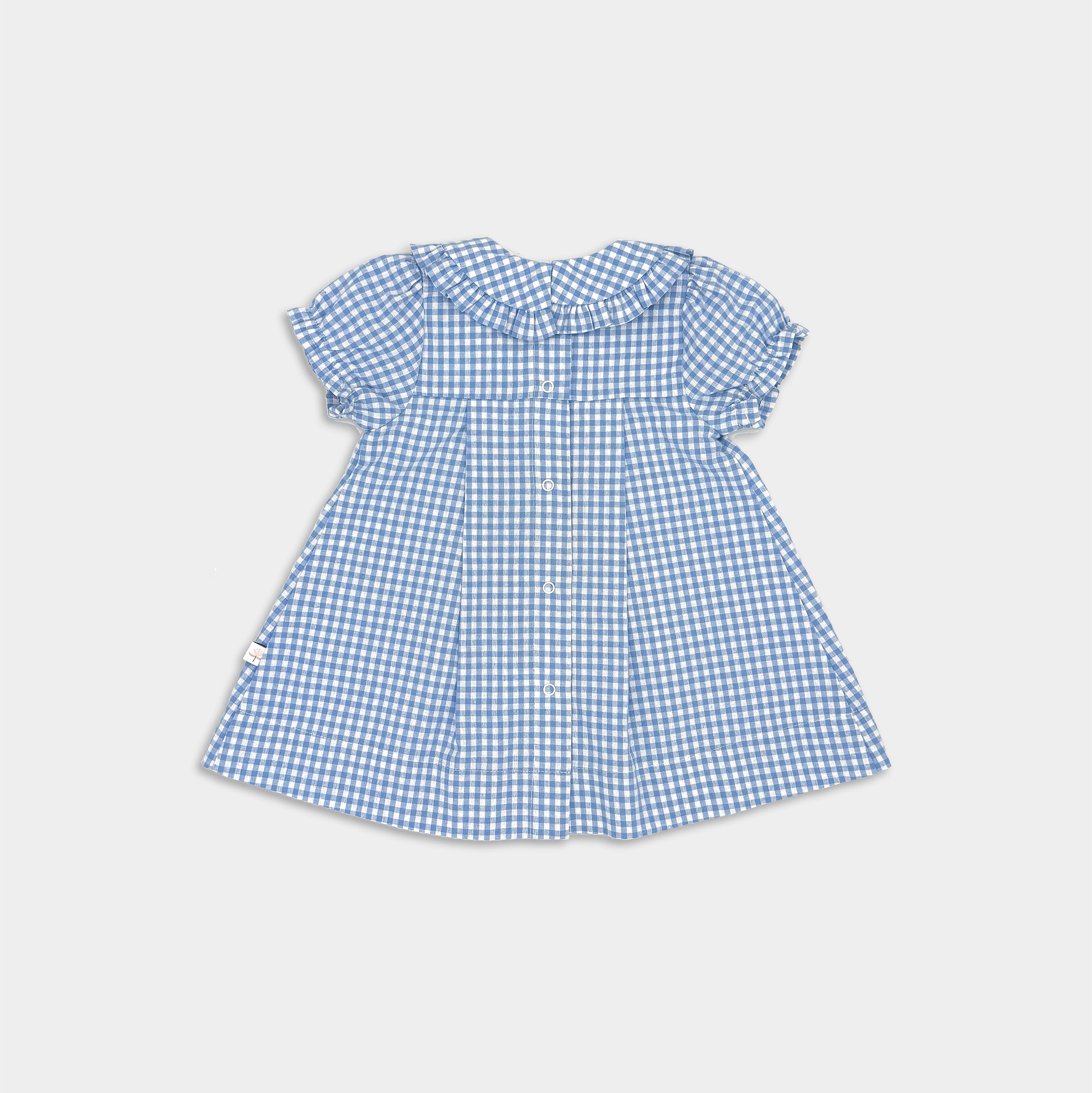 back of blue gingham dress