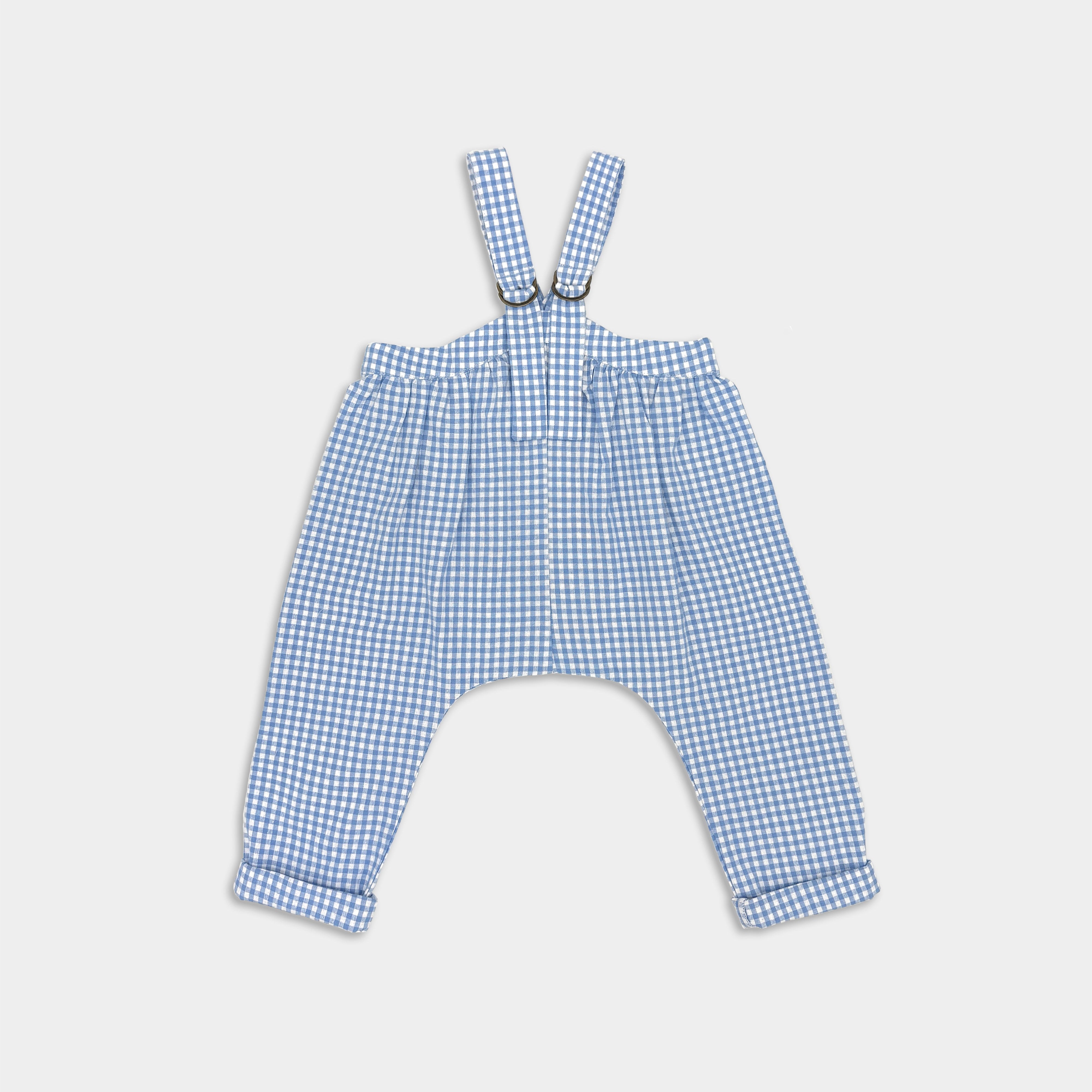 back of blue gingham overalls