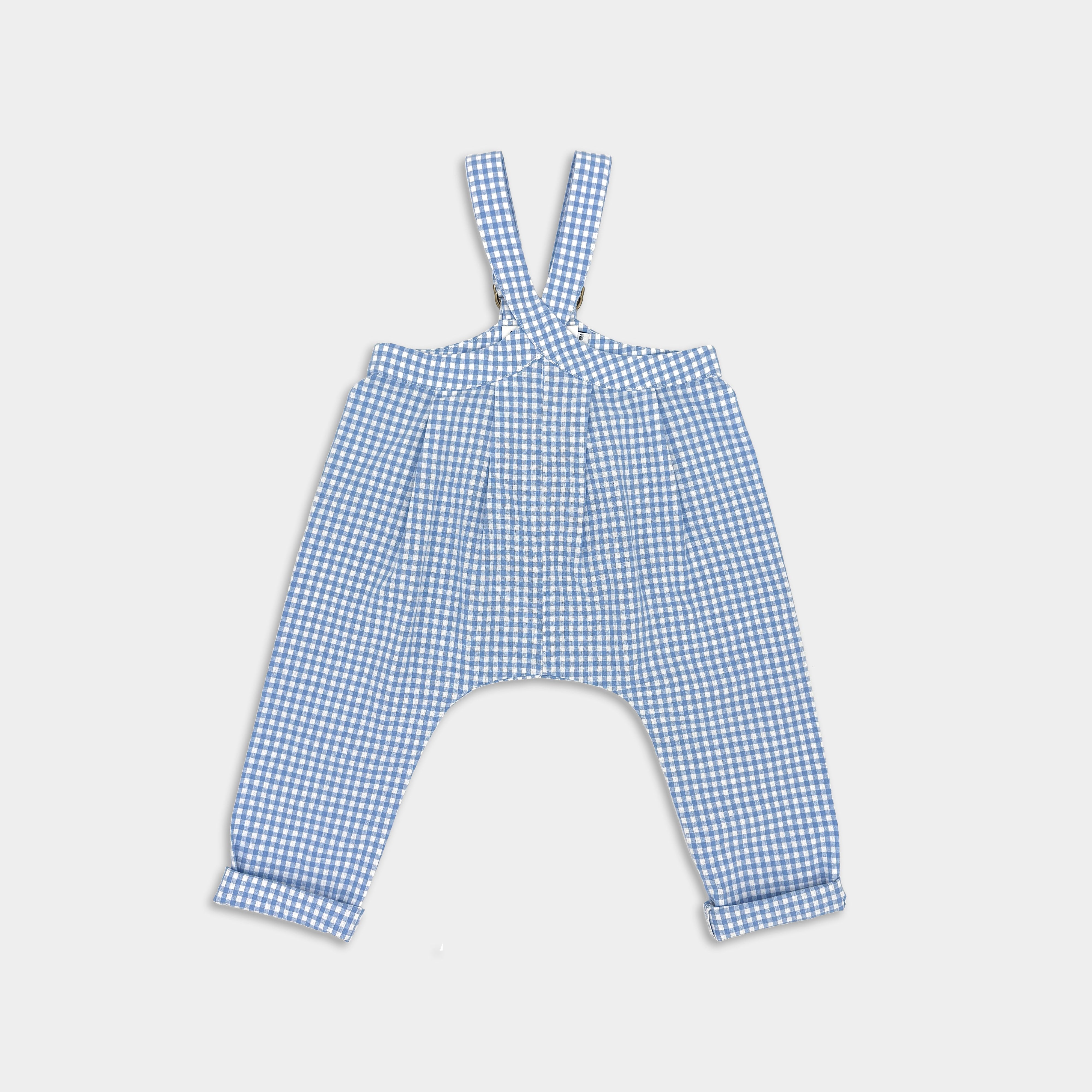 Bluebell gingham suspender pants with a loose waistband, adjustable straps, and pleats, displayed against a white background