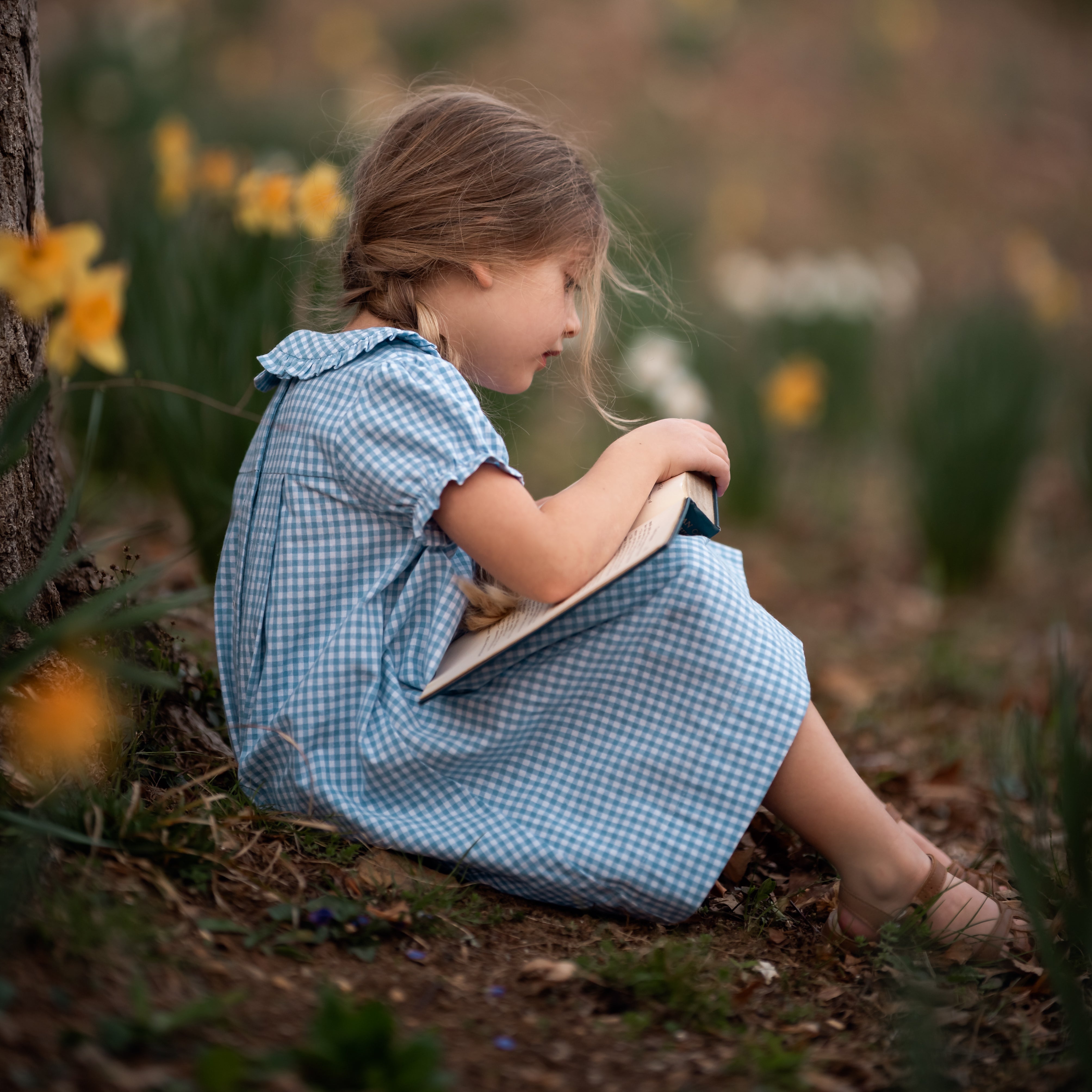 girl in blue gingham dress with a book