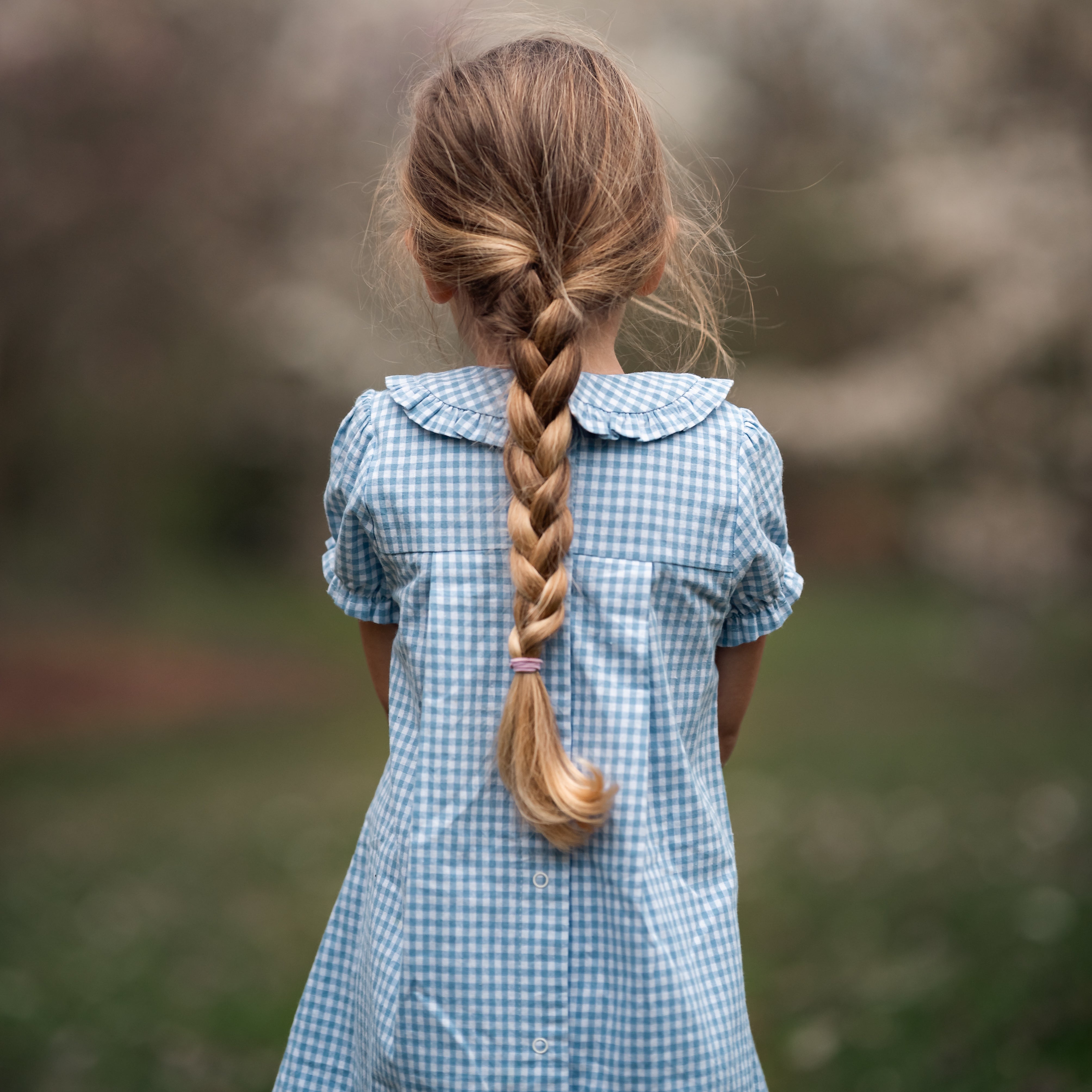 girl in blue gingham dress from the back