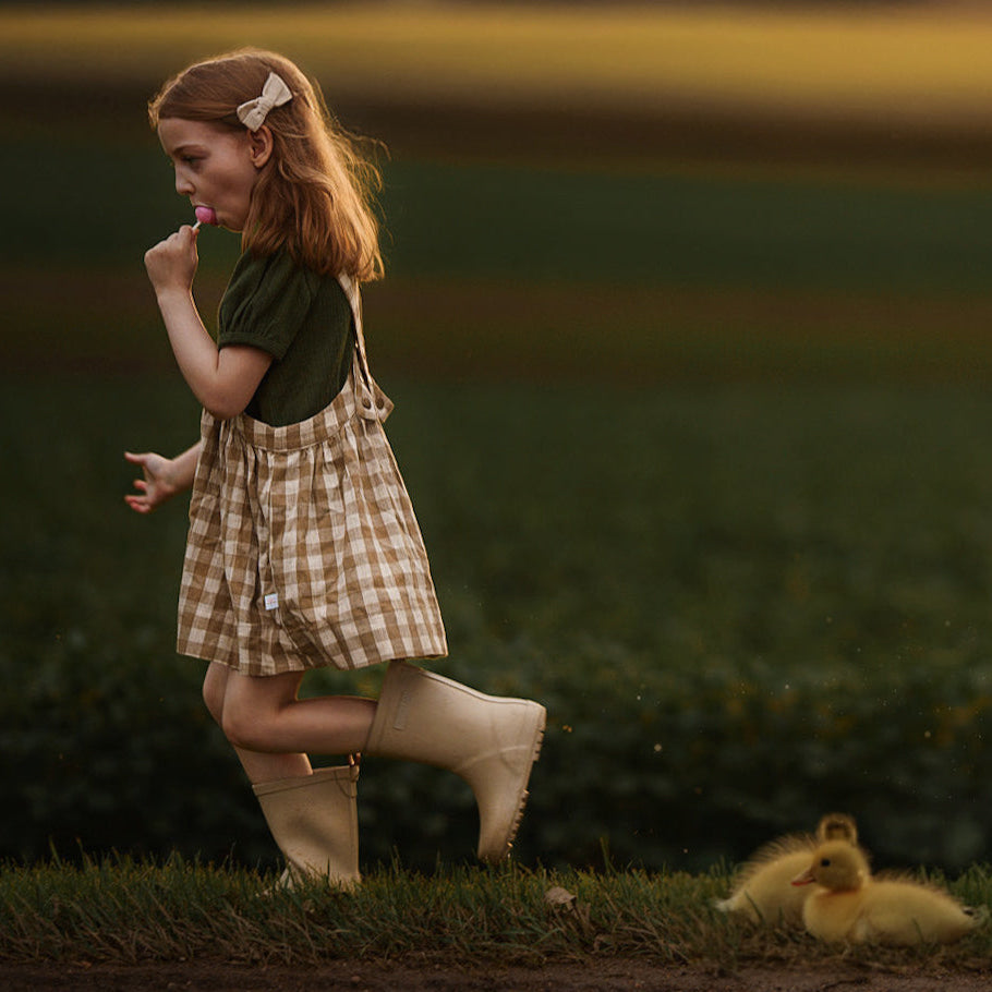 Little girl in a checkered pinafore walking with ducklings in a field at sunset