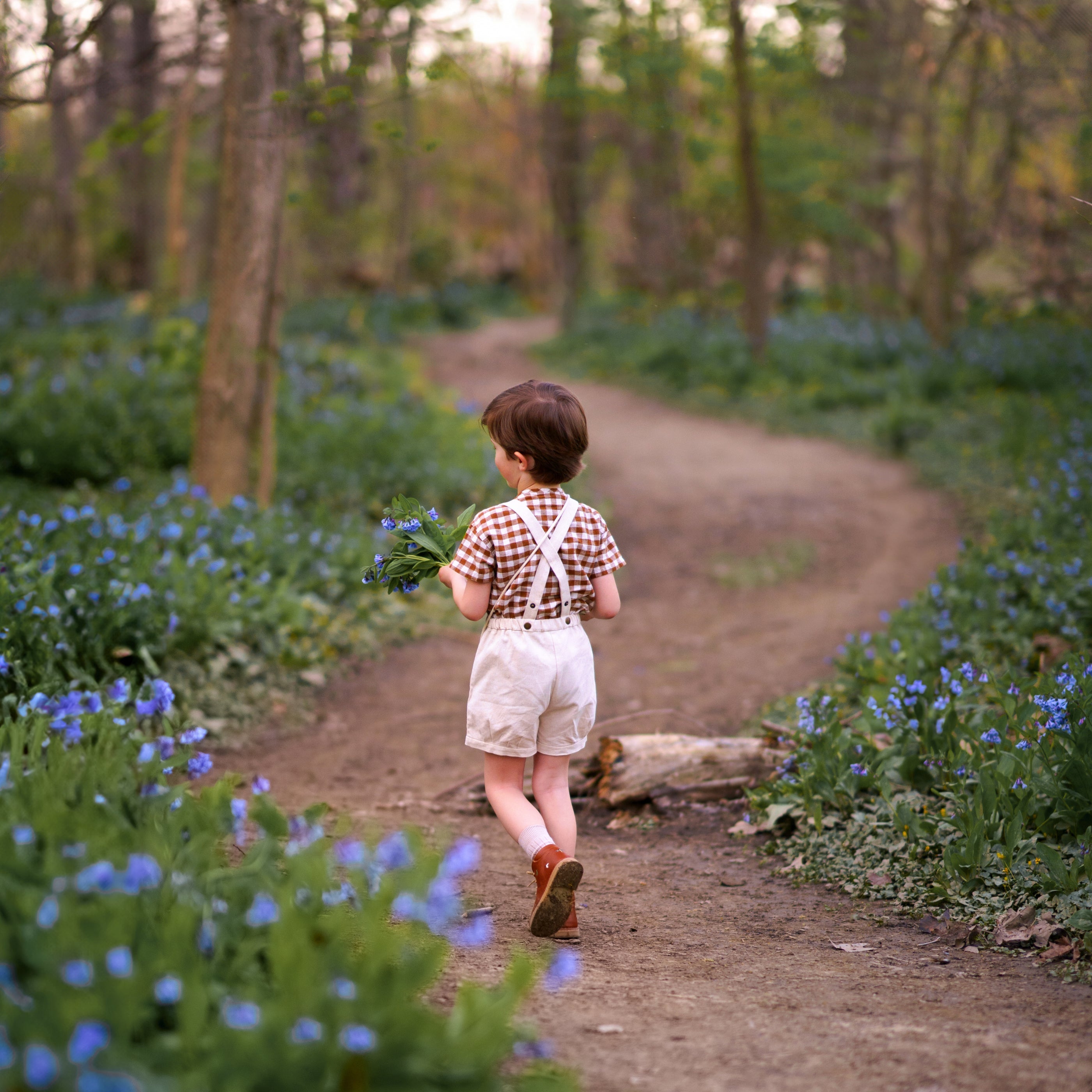 Child walking down a path in a forest with blue flowers on either side