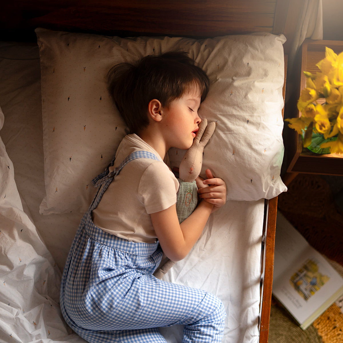 boy in blue gingham overalls sleeping