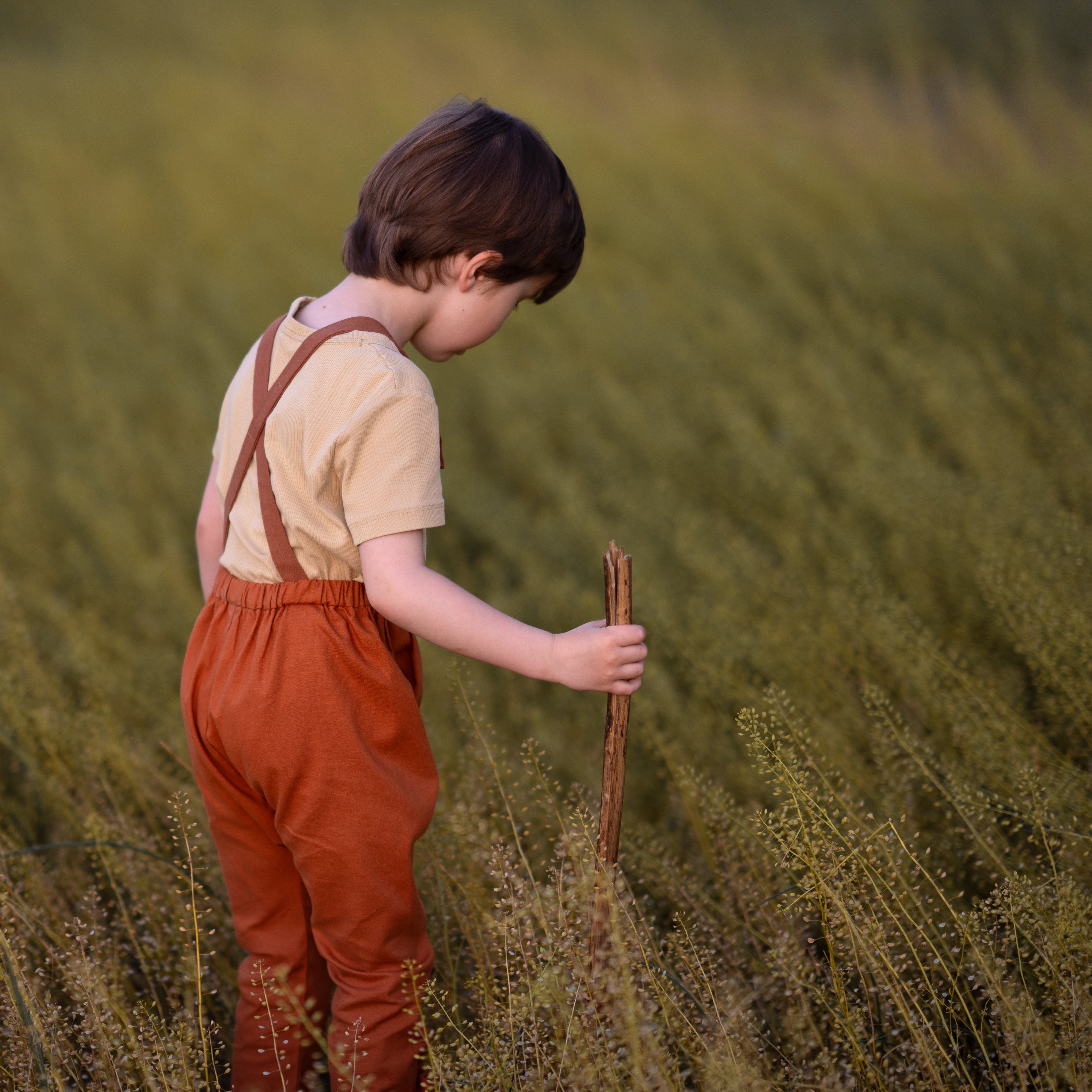 little boy in a field in orange overalls playing with a stick