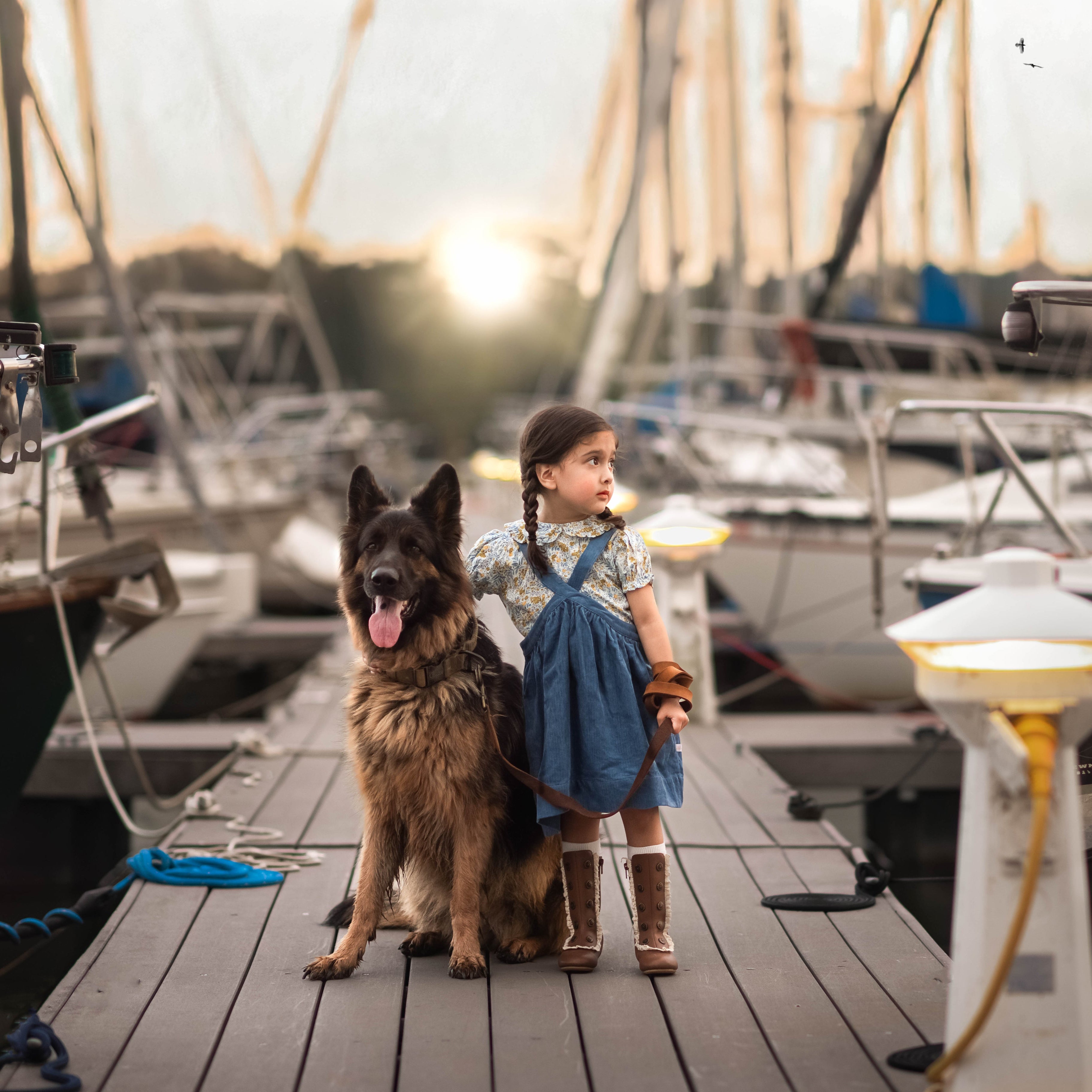 Child and German Shepherd dog on a dock with boats in the background