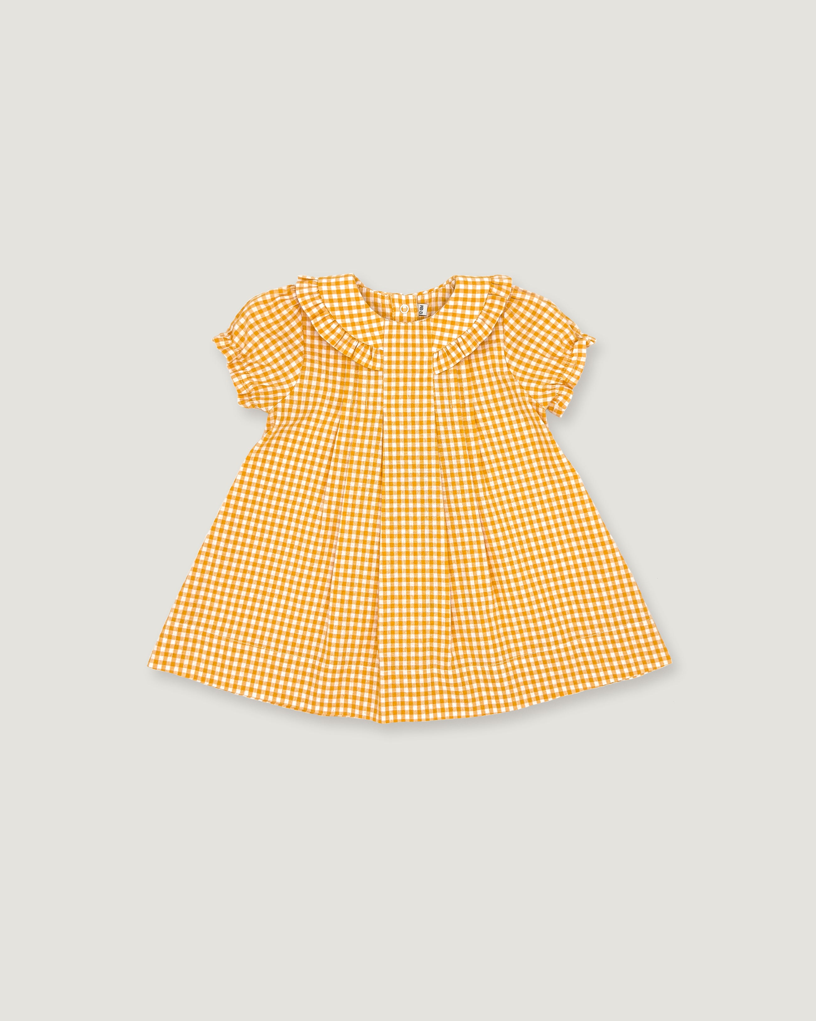 A yellow and white gingham check baby dress with short flutter sleeves and a ruffled collar, shown flat on a light gray background.