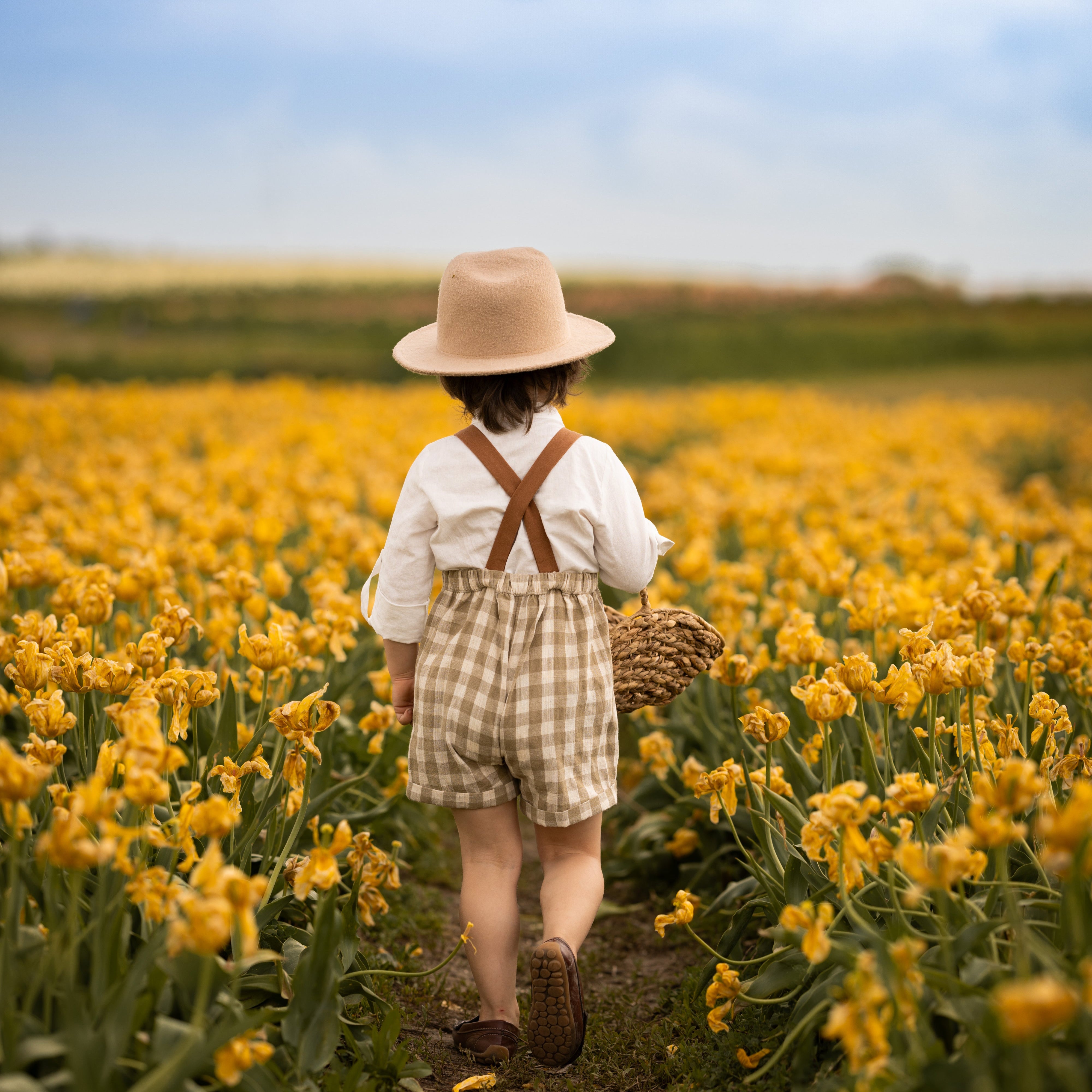 Little boy seeing from the back in a beige gingham romper surrounded by yellow flowers in a field.