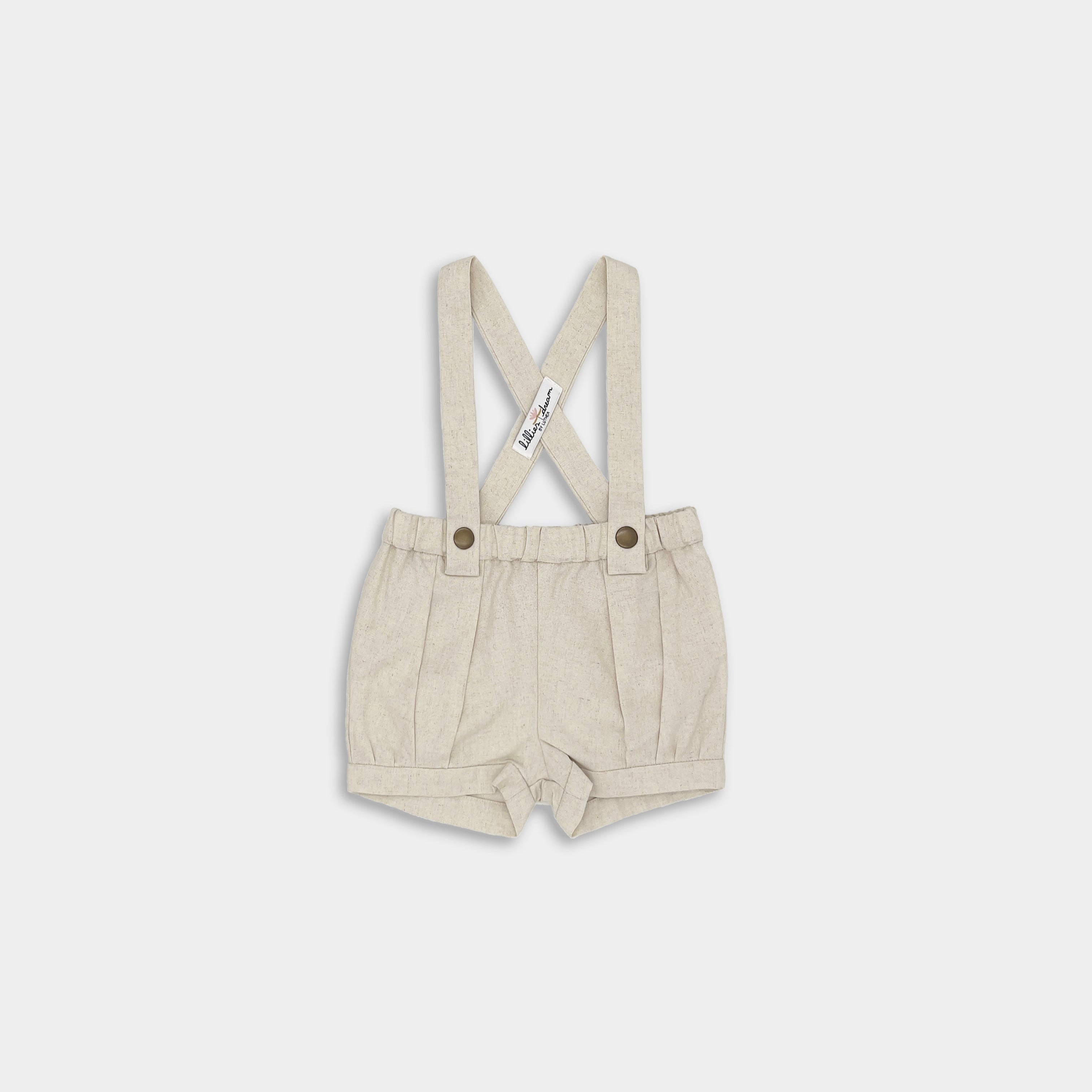 front of natural suspender shorts on a white background