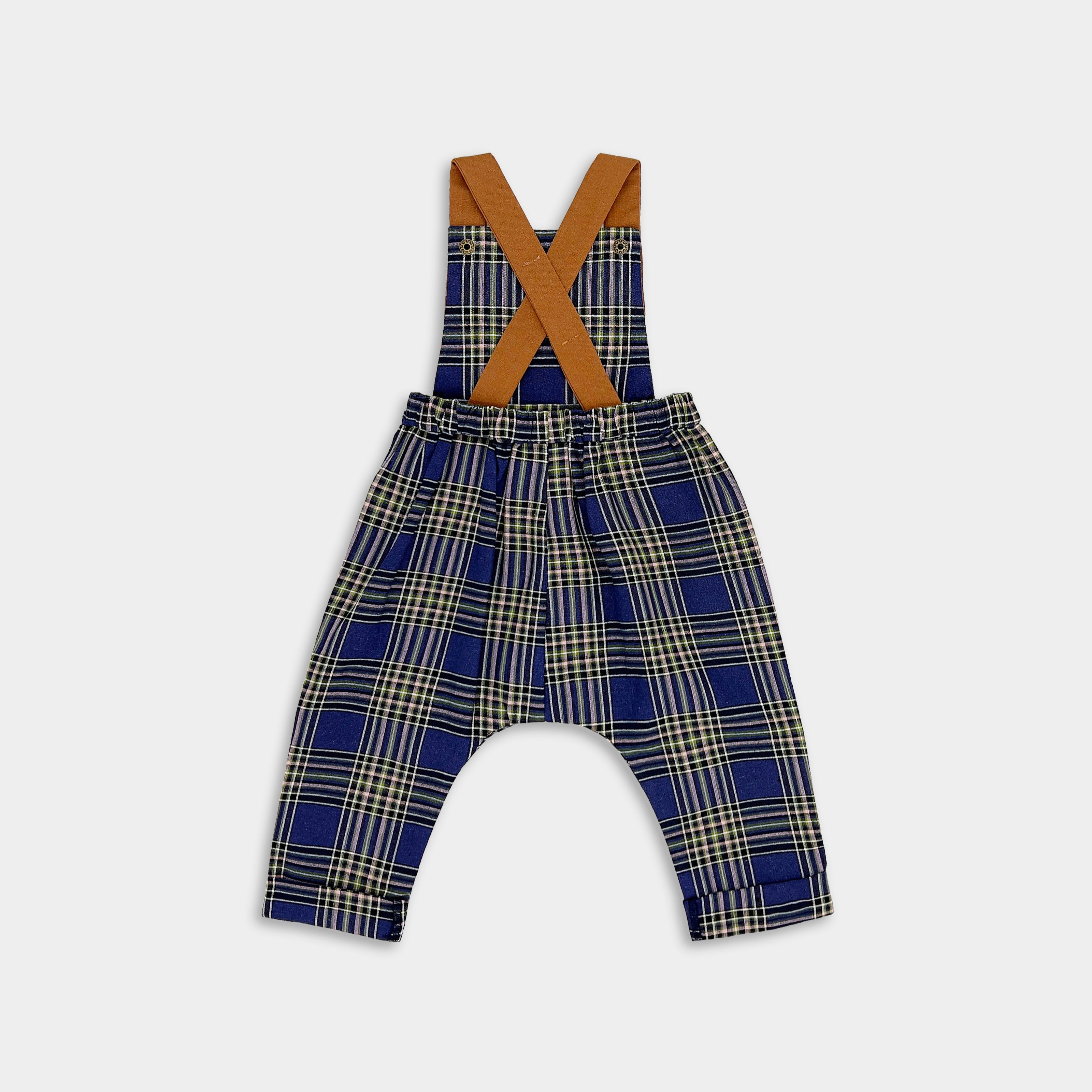 Indigo Plaid Linen Long Overalls