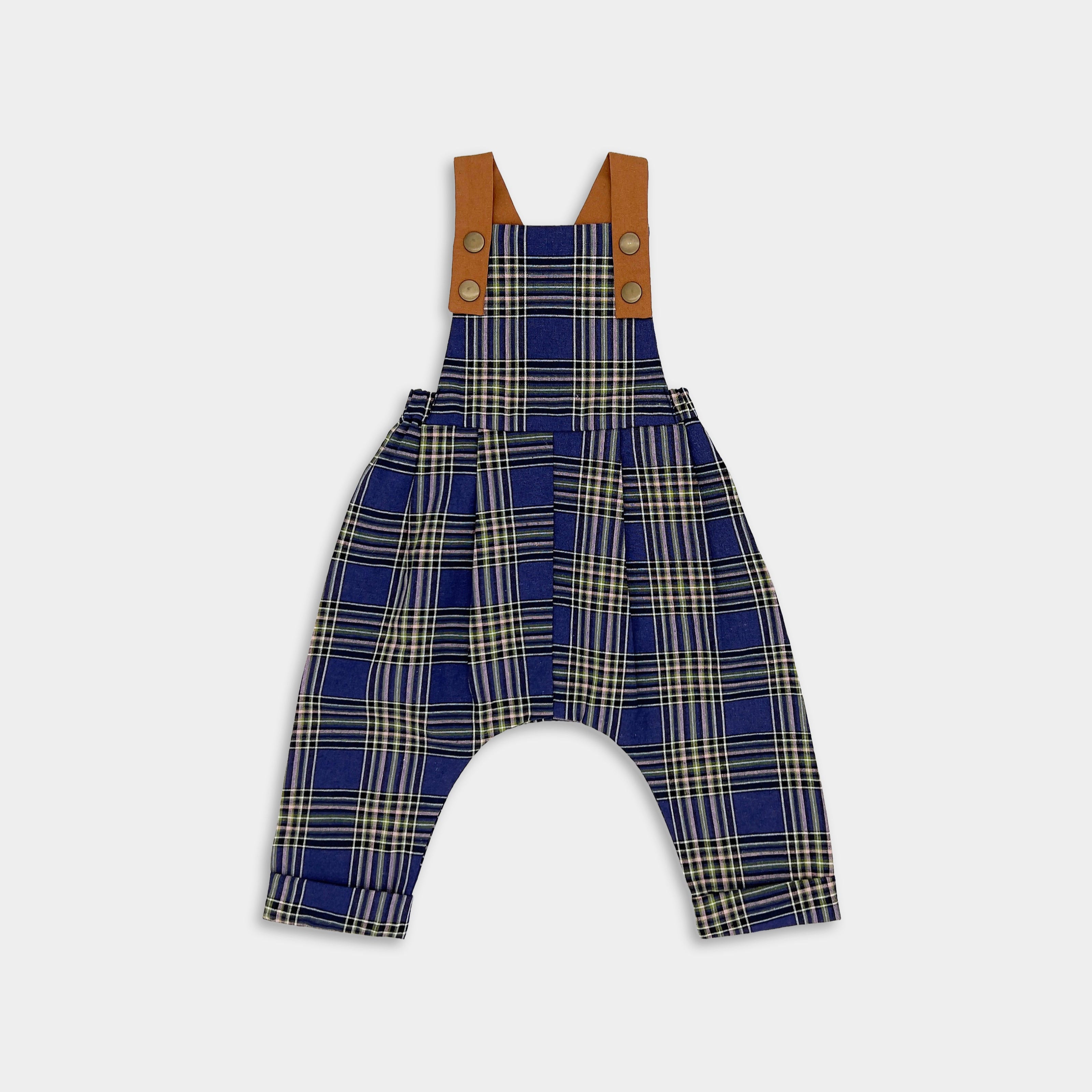 Indigo Plaid Linen Long Overalls