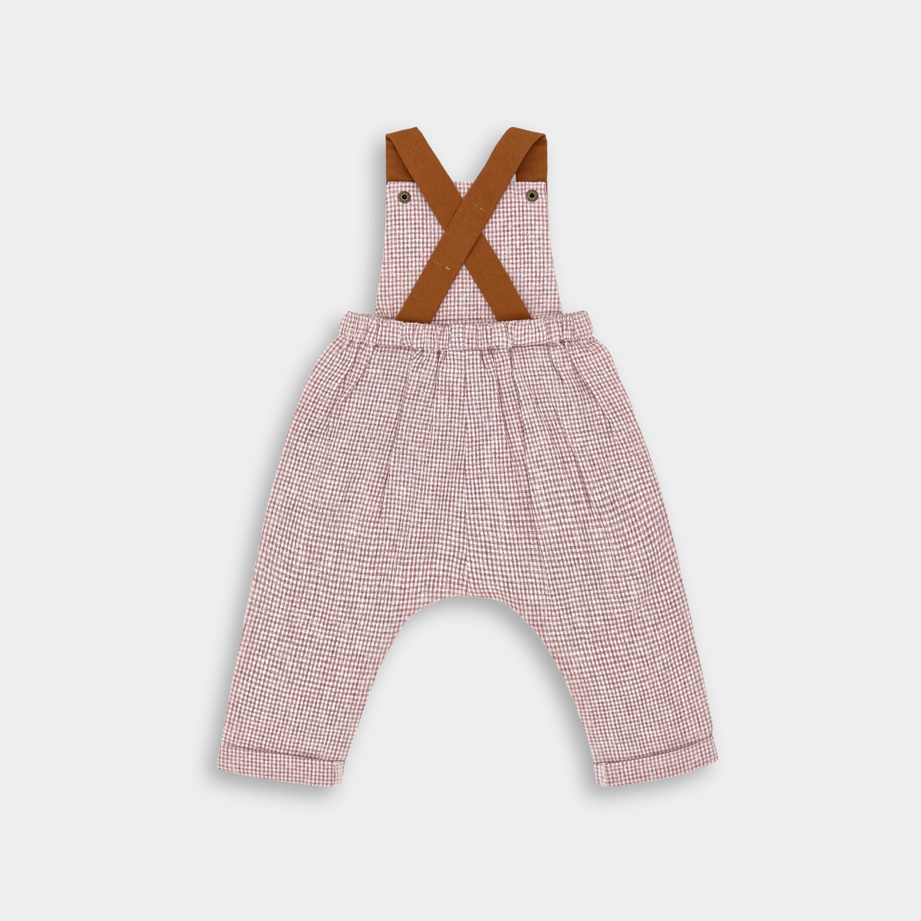 Rust Gingham Linen Long Overalls