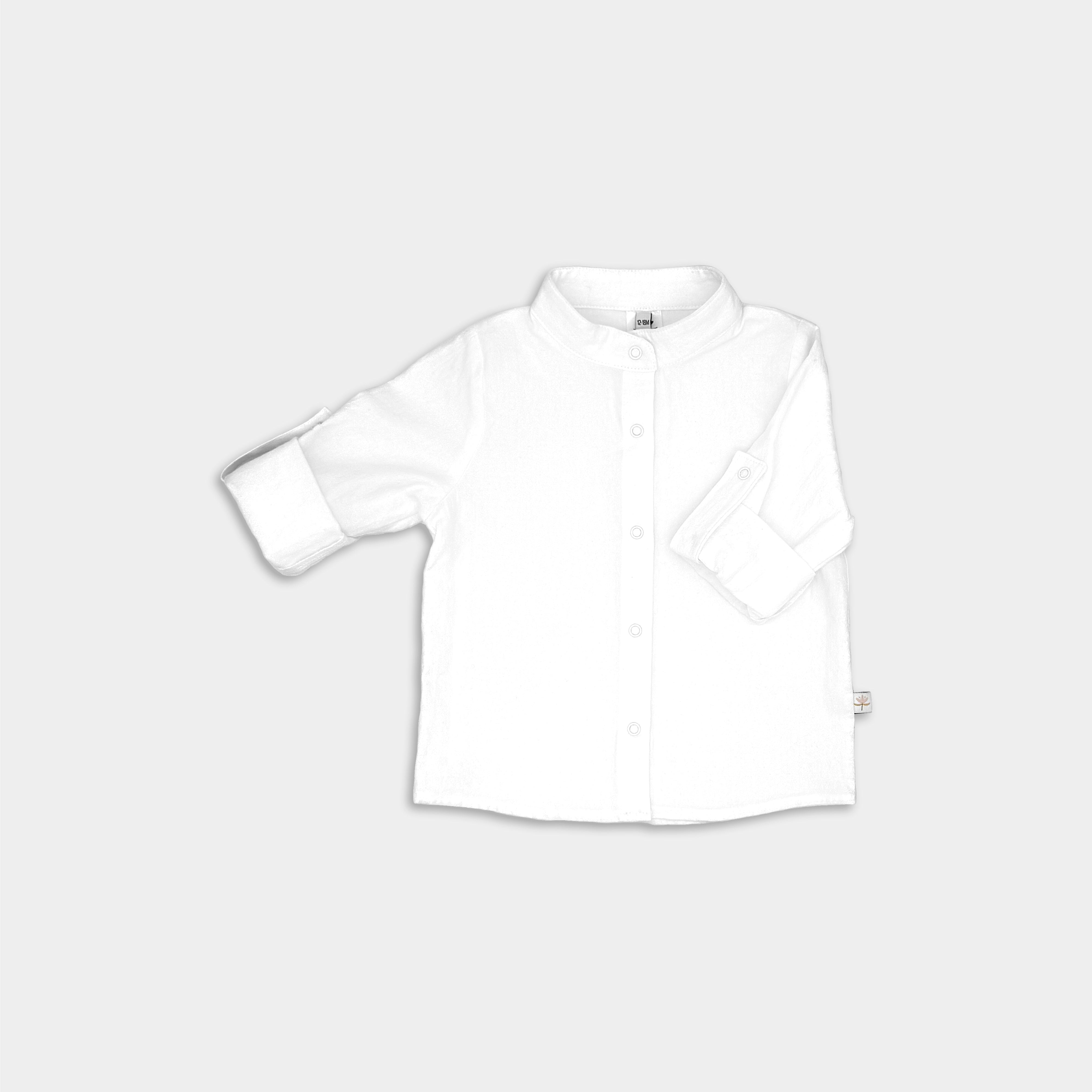 A white button-up shirt with a classic mandarin collar and button-up placket, shown on a plain background.