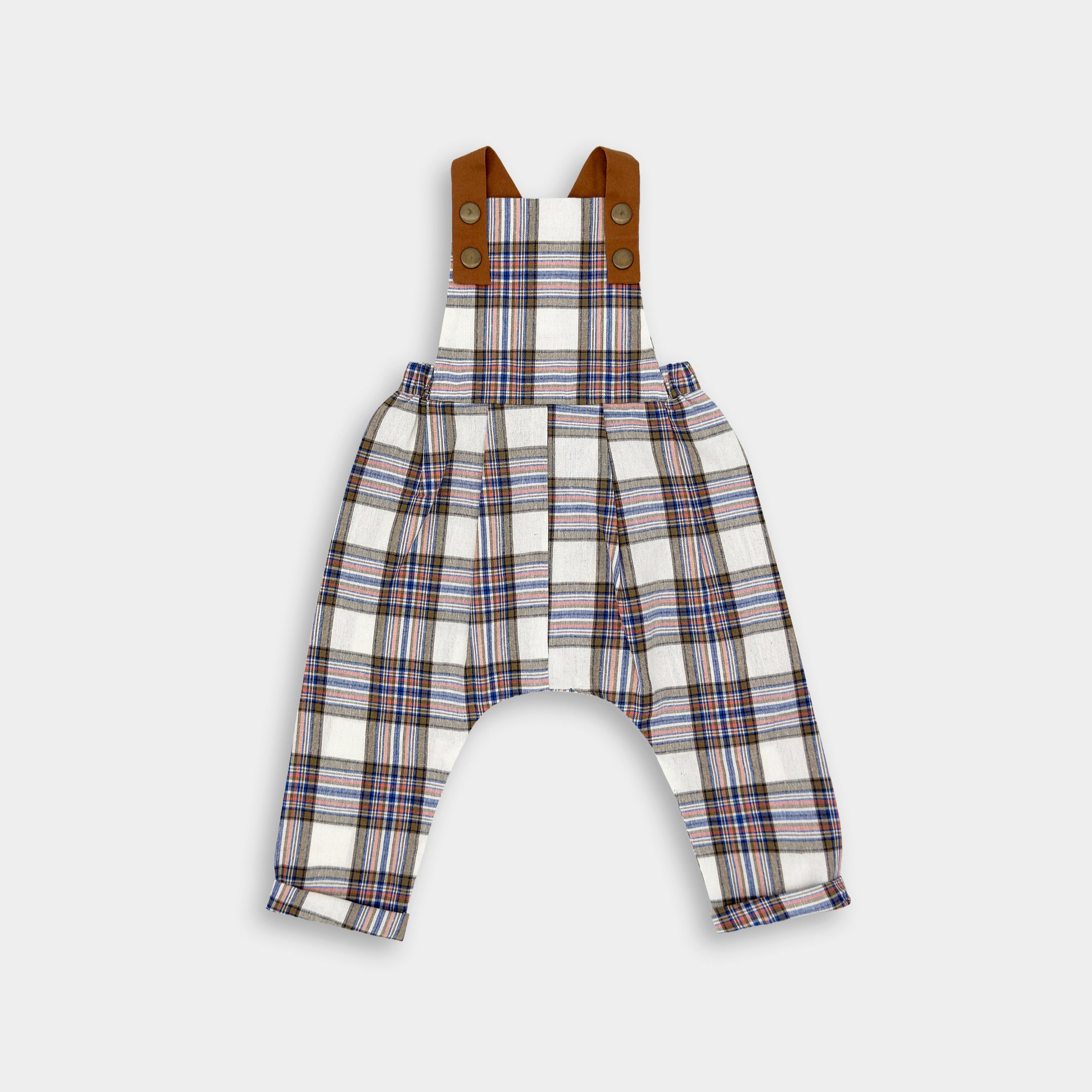Vintage Plaid Linen long overalls for children with leather-looking straps and breathable fabric.
