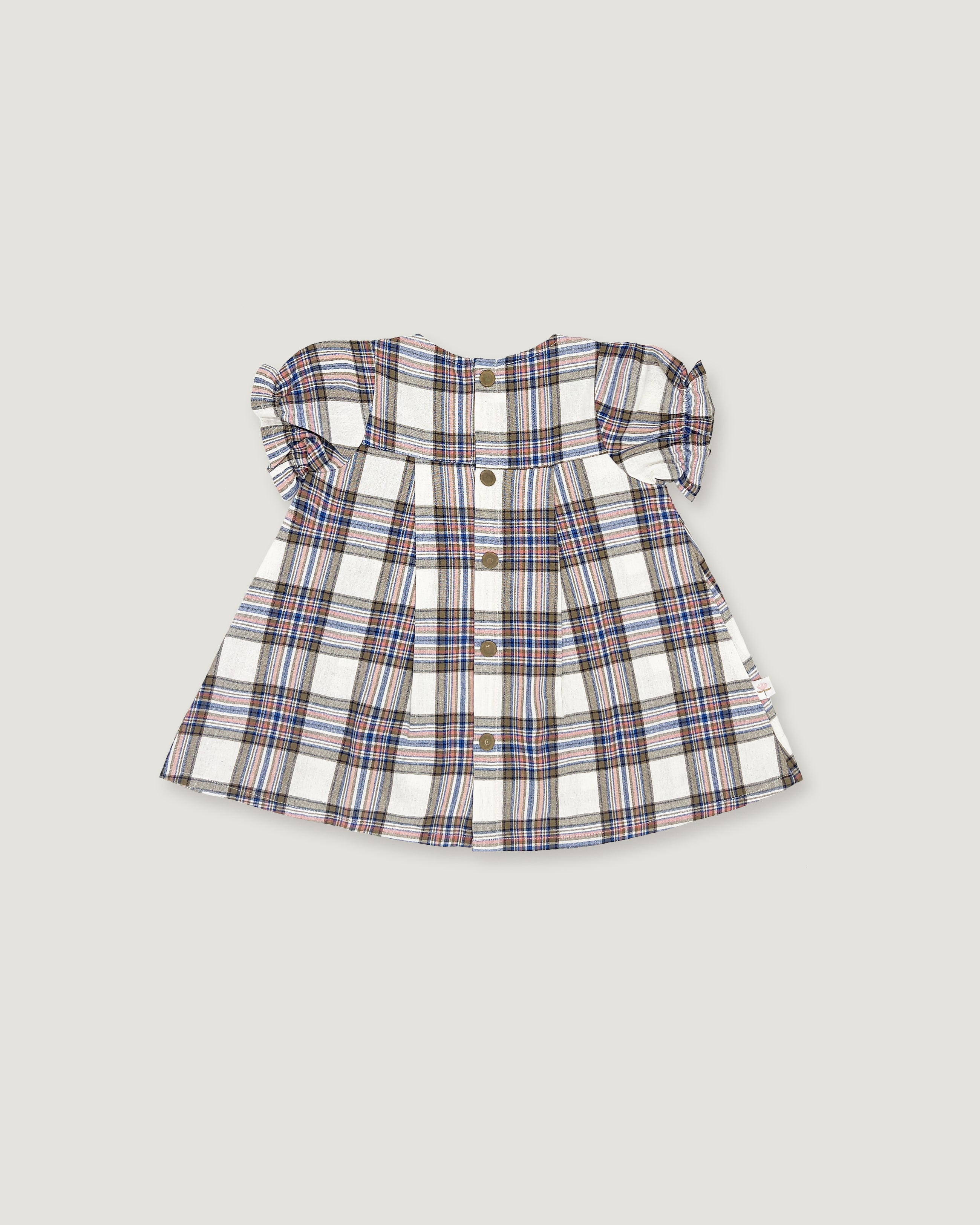 A toddler girl's short-sleeve plaid dress with ruffled sleeves, a button-up front, and a flared silhouette, shown flat on a light gray background.