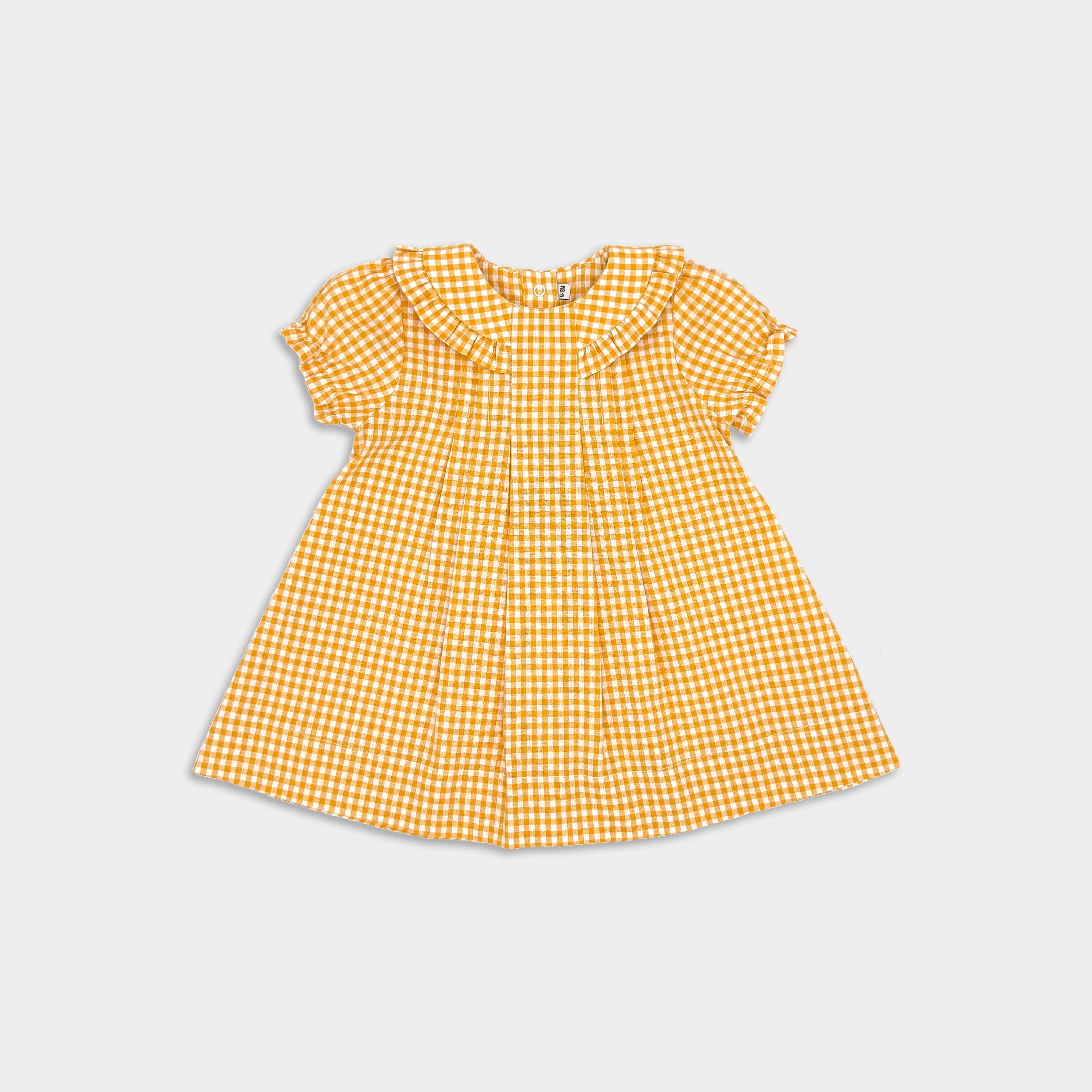 A yellow checkered Honeybee ruffle collar dress with short puffy sleeves and a ruffled hem on a white background.