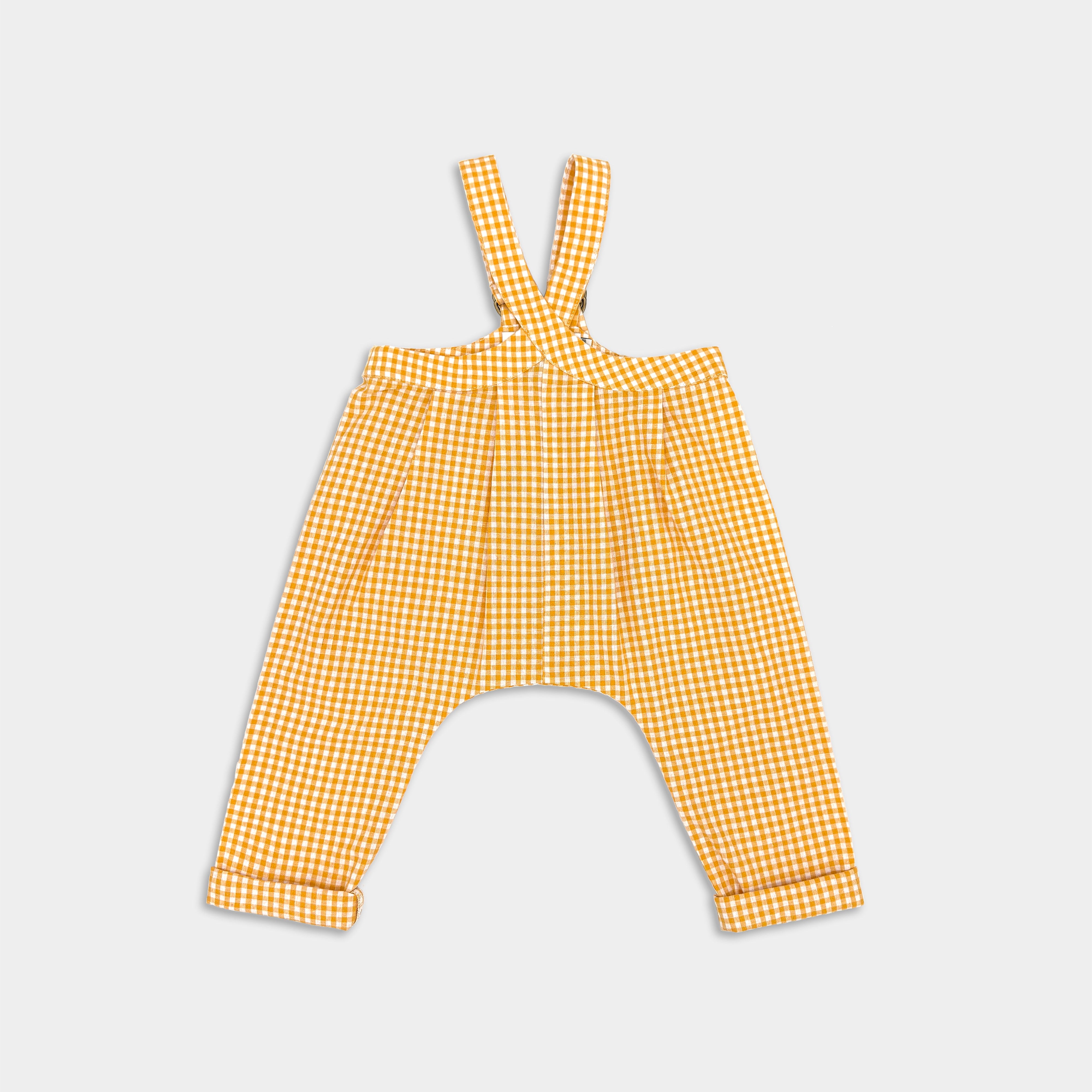 Yellow gingham suspender pants with a loose waistband, adjustable straps, and pleats, displayed against a white background