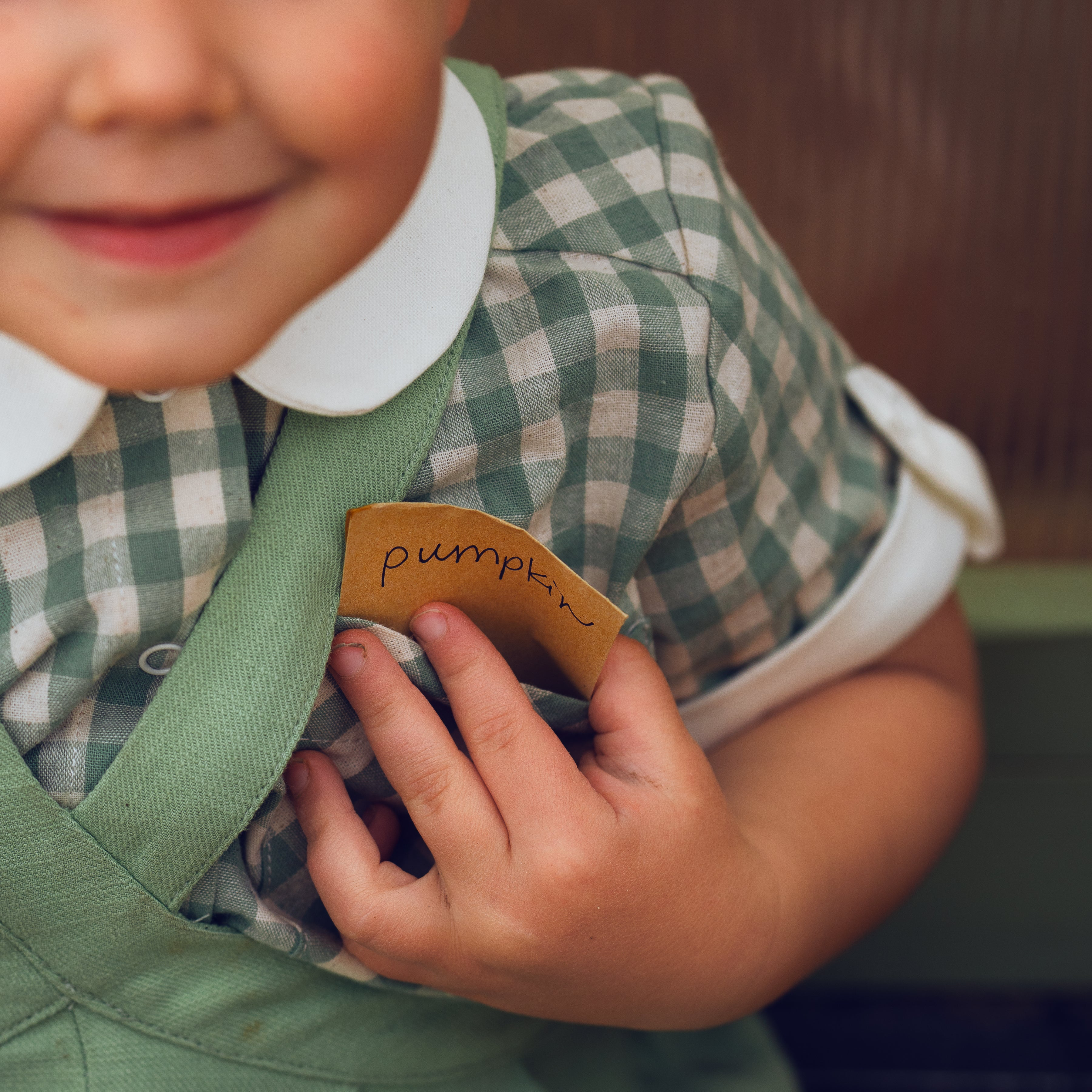 Child wearing a green checkered outfit holding a small wooden pumpkin with 'pumpkin' written on it.