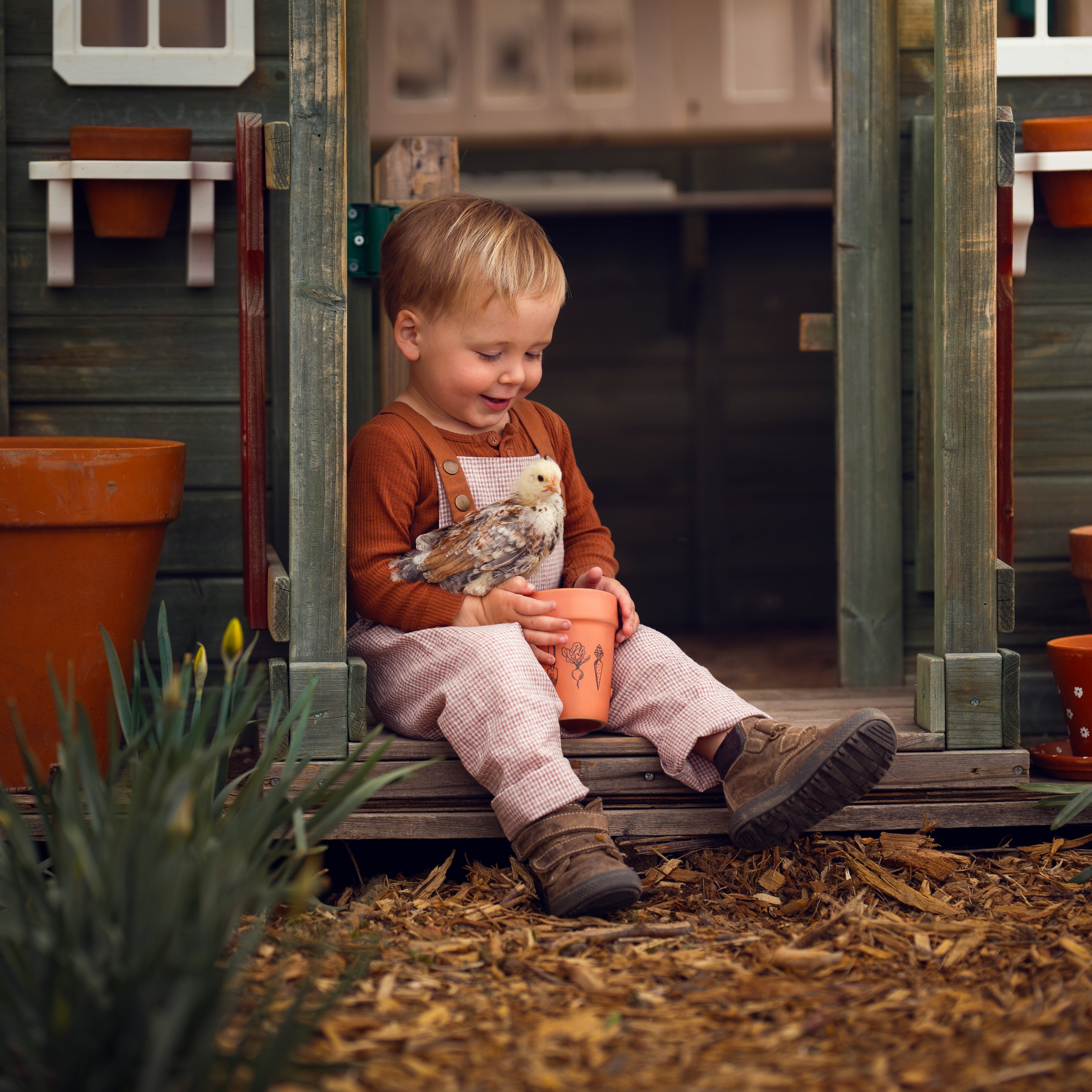 little boy in checkered overalls in a barn with birds