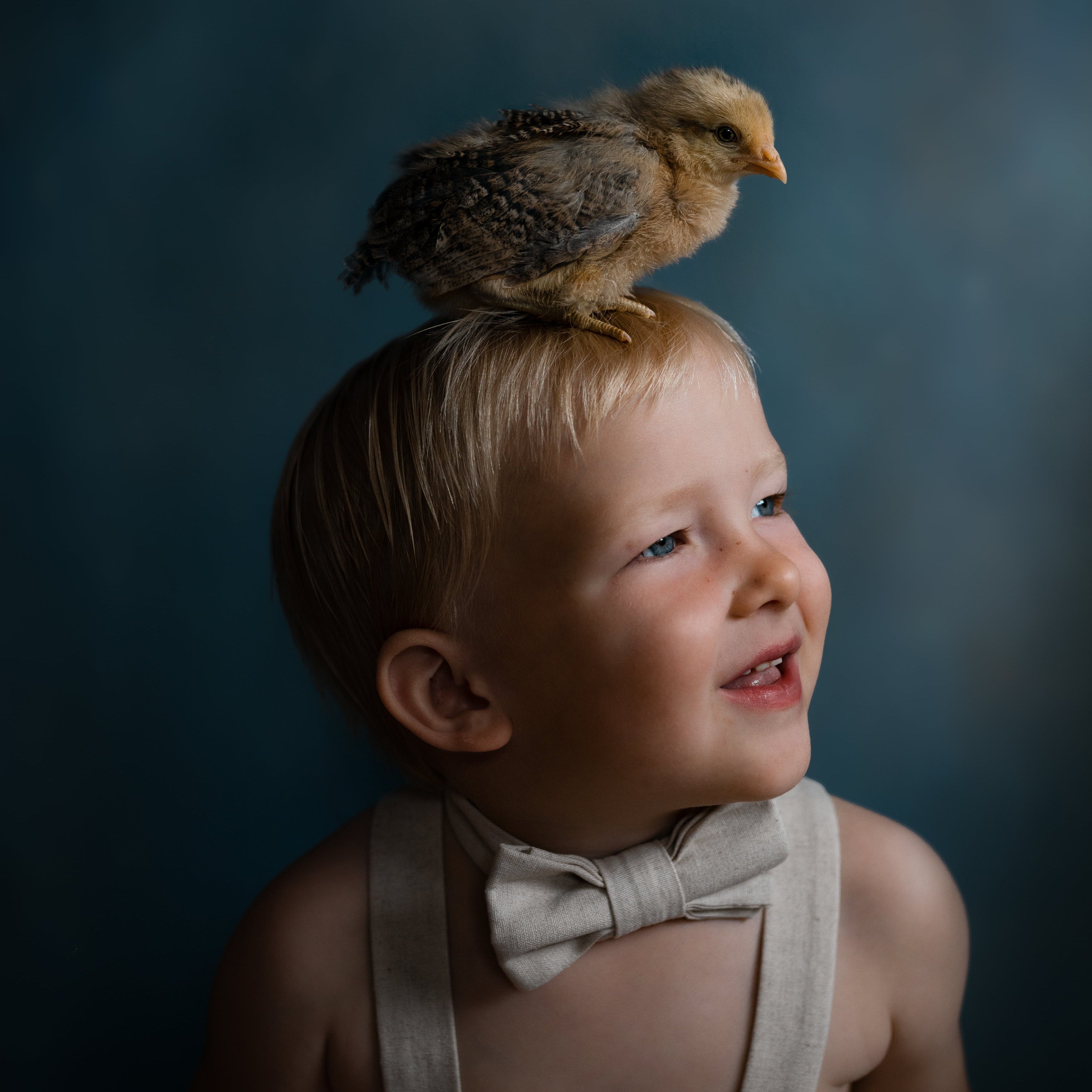 little boy wearing a natural bow tie with a chick on his head smiling