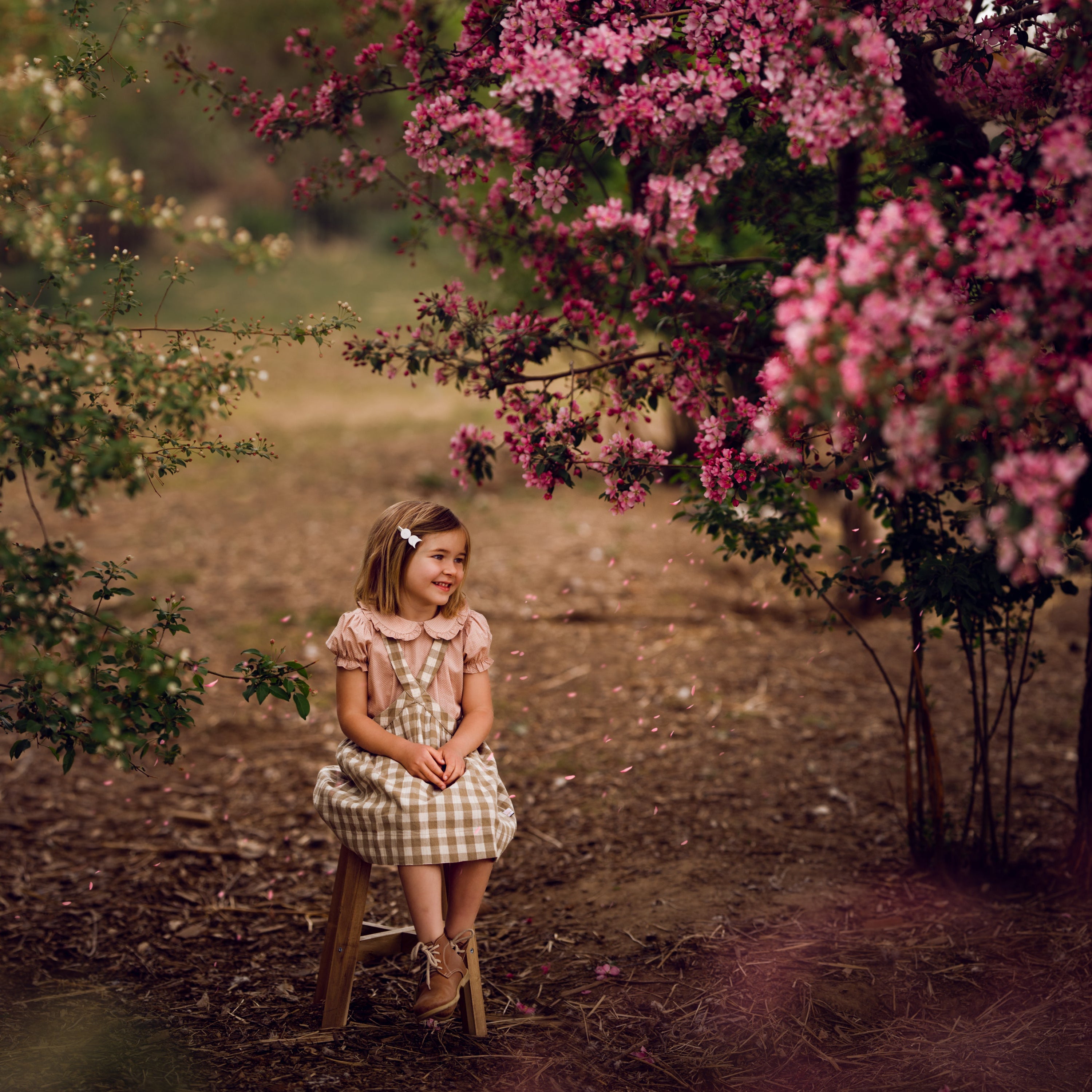 Young girl sitting in a field with flowers wearing a beige blouse with white Swiss dots and a matching beige gingham pinafore. The blouse features a Peter Pan collar with ruffles and short puffy sleeves, while the pinafore showcases a classic gingham pattern, perfect for playful outfits