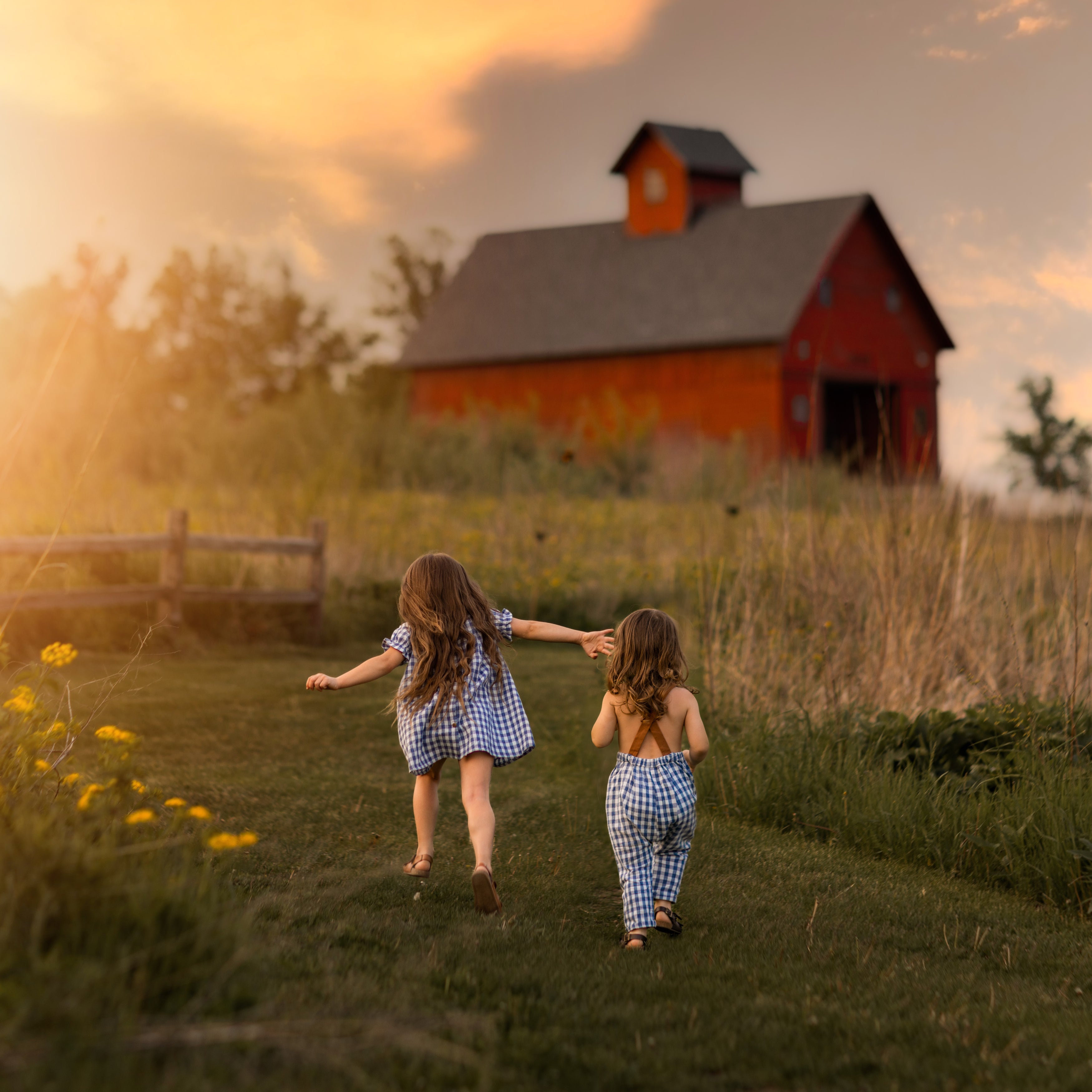 The little girl and her brother are seen from the back, running side by side towards the sunset. The girl wears her Blue Gingham linen dress, which sways with her movement, while her brother sports matching blue gingham overalls. The warm, golden light of the setting sun illuminates their figures, capturing the essence of carefree childhood as they enjoy the moment together in this enchanting outdoor setting.