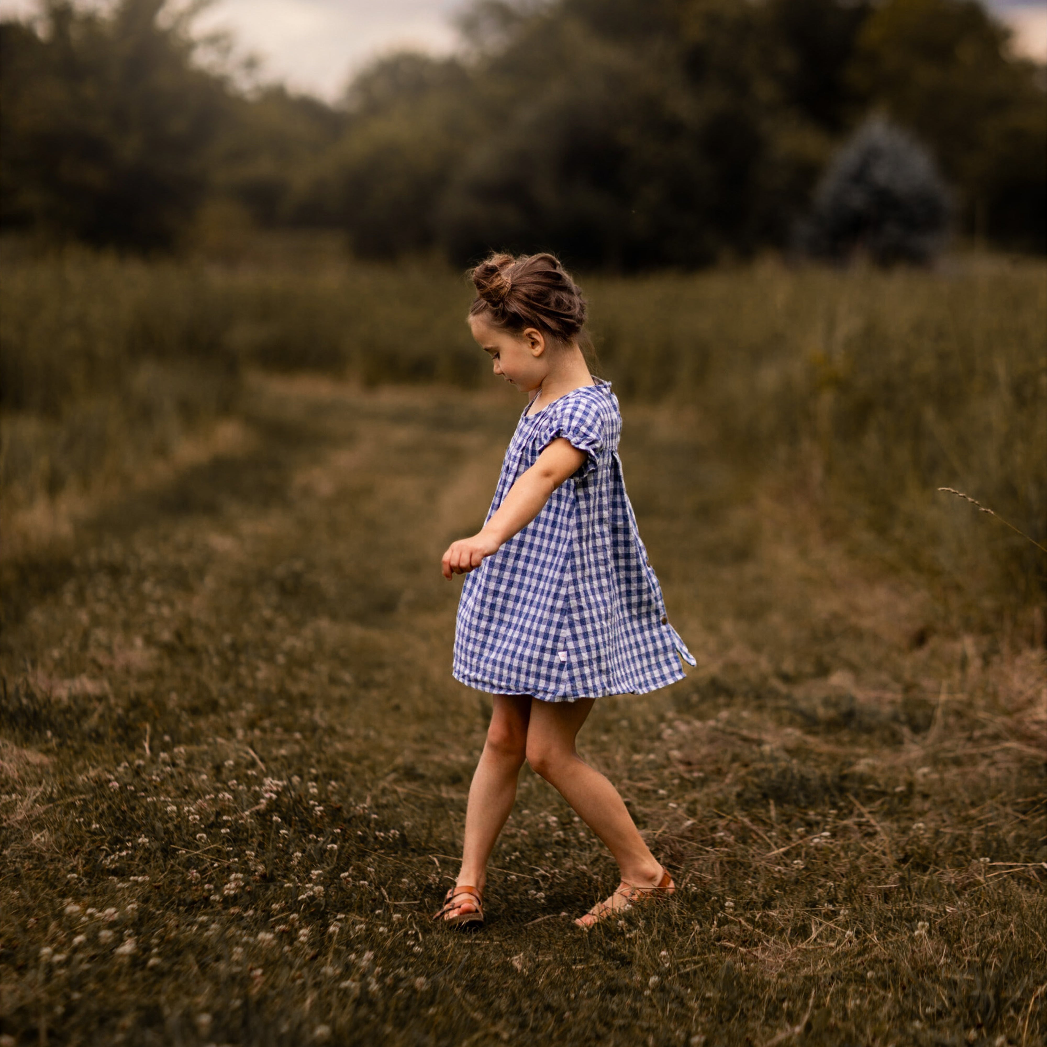 A little girl wearing a Blue Gingham linen dress dances joyfully in a field. Her hair is styled up, adding to her playful spirit. The dress features a pin-tucked front, a yoke with pleats at the back, and delicate ruffles at the short sleeve hem, creating a charming and stylish look. The A-line shape allows for easy movement, making it perfect for her carefree dancing in the warm summer breeze.
