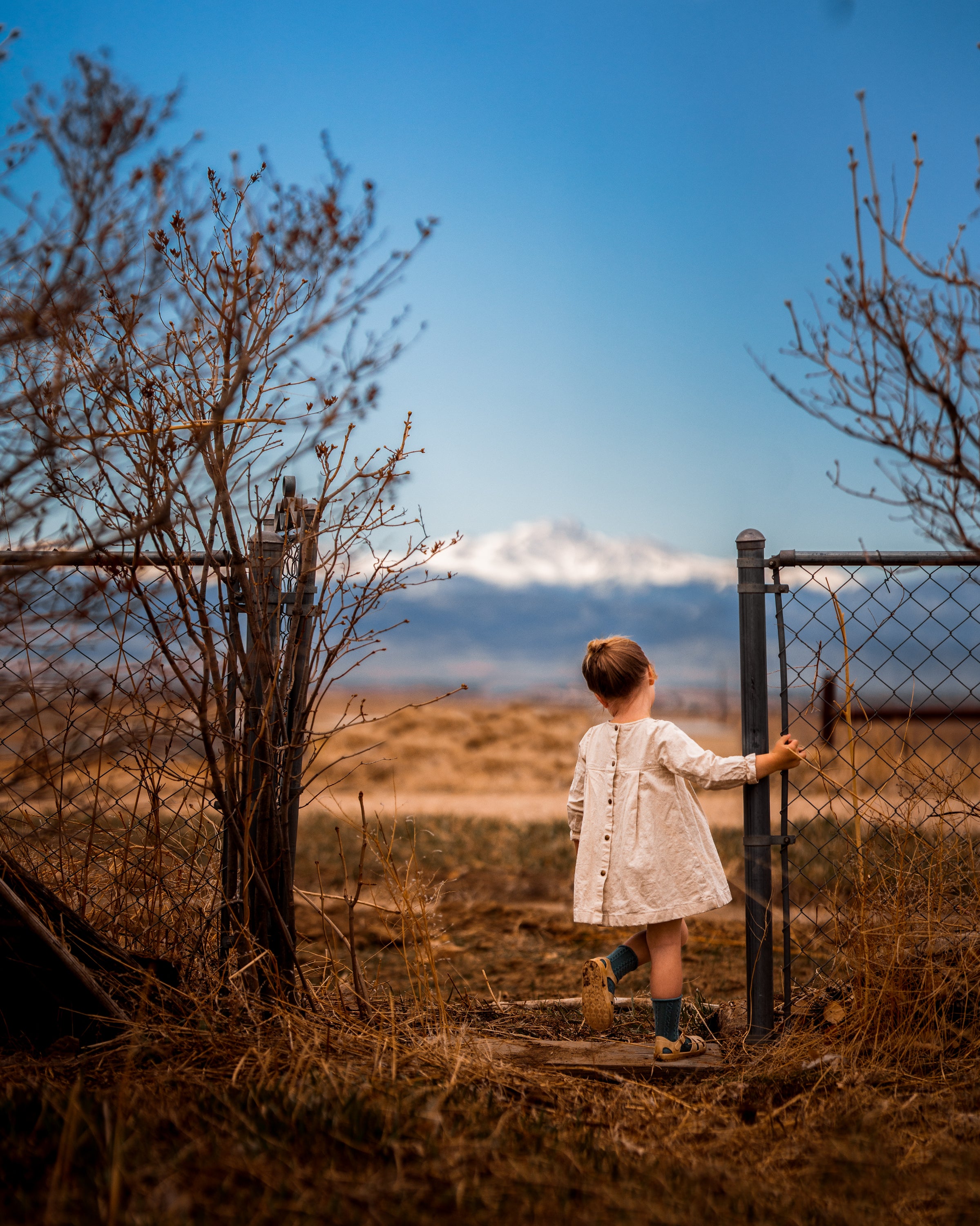 Child standing by a fence in a dry field with a mountainous background