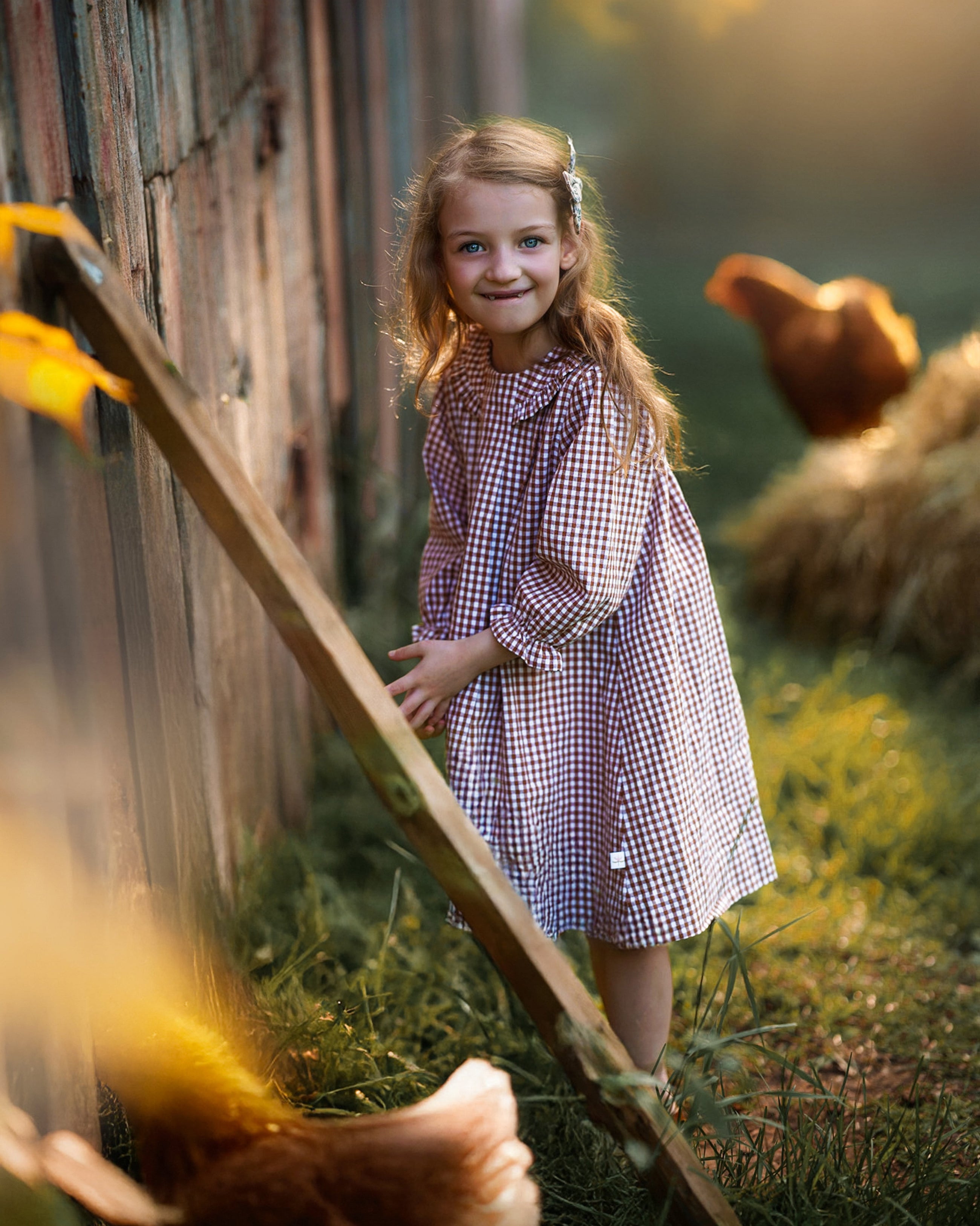 A young girl with blonde hair stands on a farm next to a weathered wooden fence, wearing a red and white gingham dress. Chickens are visible in the grassy background, and the scene is lit by warm golden sunlight.