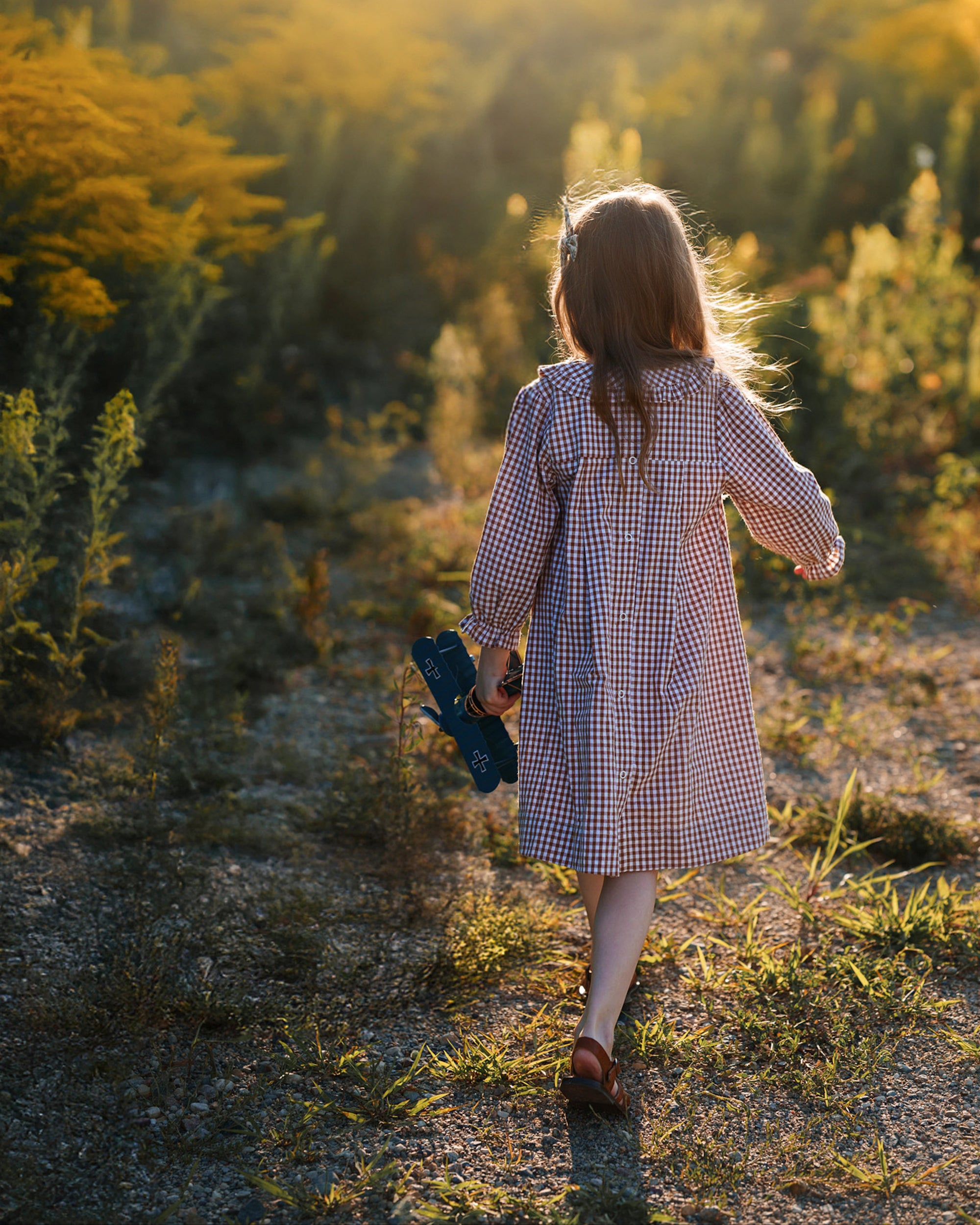 A young girl seen from behind walking on a sunlit path through a grassy field, wearing a red and white gingham dress and holding a pair of dark blue shoes.