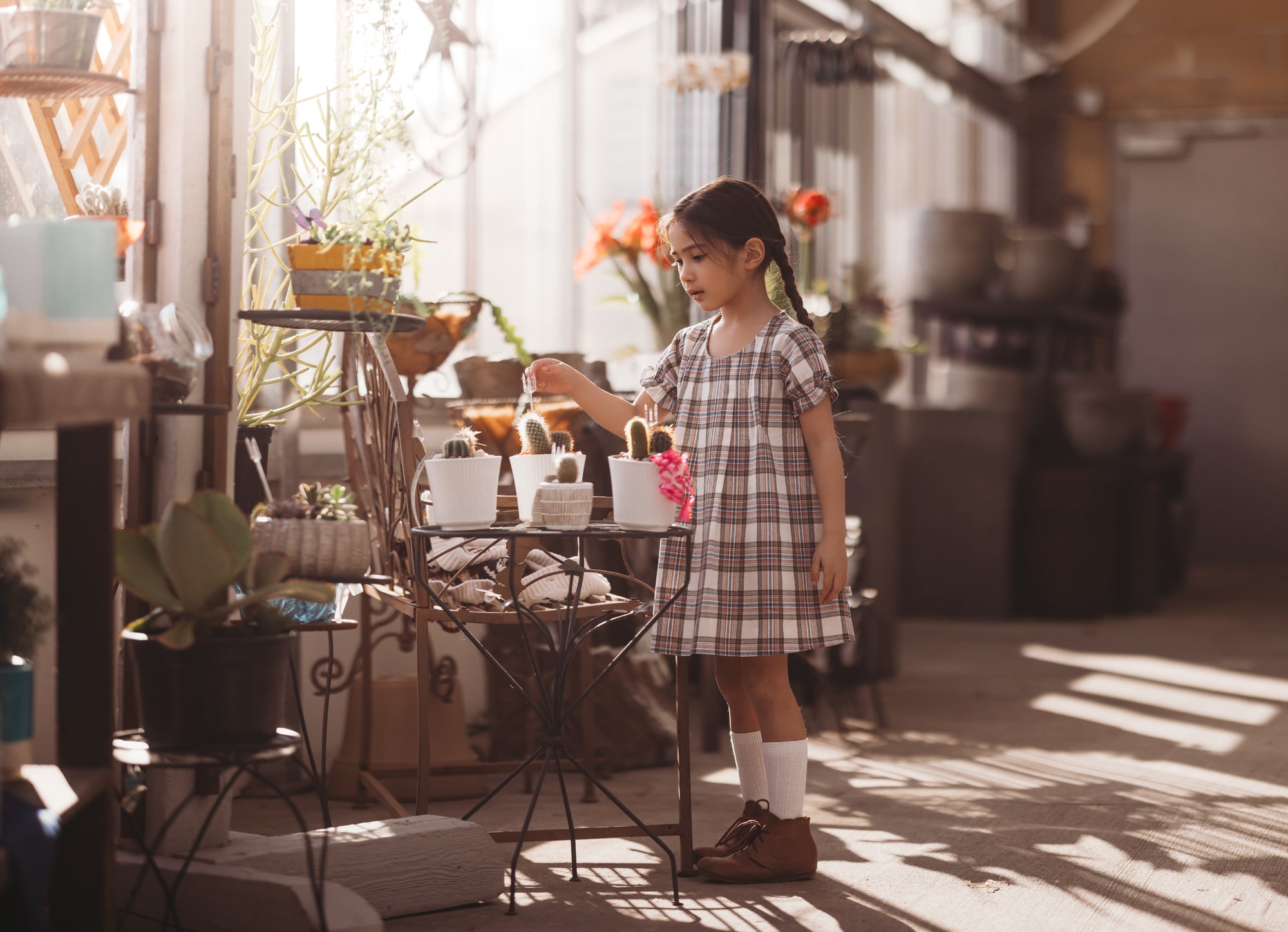 Young girl in a plaid dress standing in a sunlit room with plants and furniture.