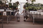 Two children holding hands in a greenhouse filled with plants.