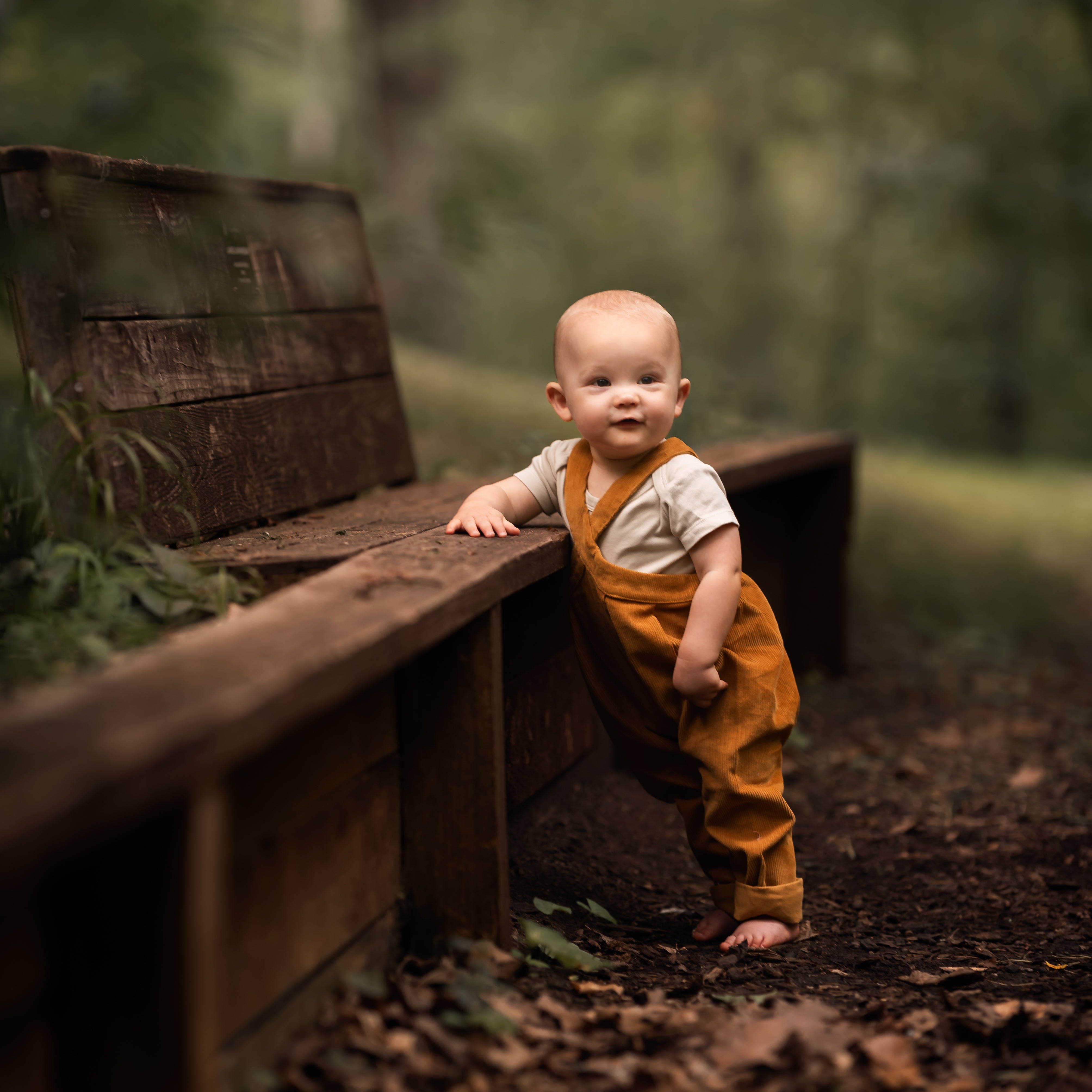 Baby in mustard corduroy overalls standing on a wooden bench in a forest setting