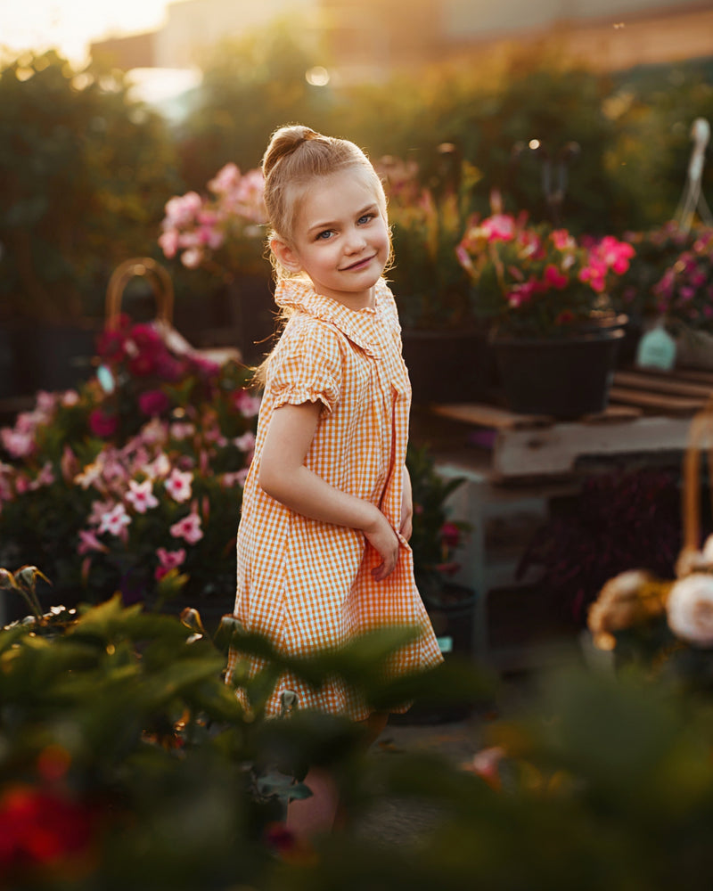 A young girl with blonde hair in a ponytail stands in a flower garden at sunset, wearing a yellow and white gingham dress. The background is filled with colorful flowers and green foliage, with warm golden sunlight filtering through.