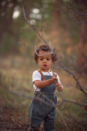 Child in overalls standing in a forest with blurred background