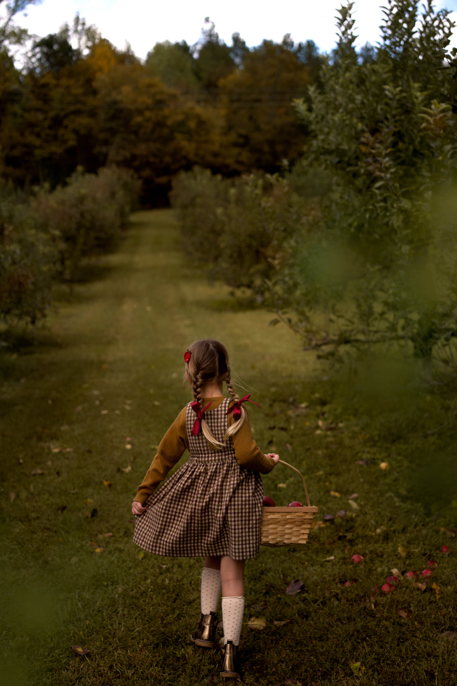 A young girl seen from behind walking down a grassy path in an orchard, wearing a brown and beige gingham dress over a mustard yellow top, holding a woven basket.