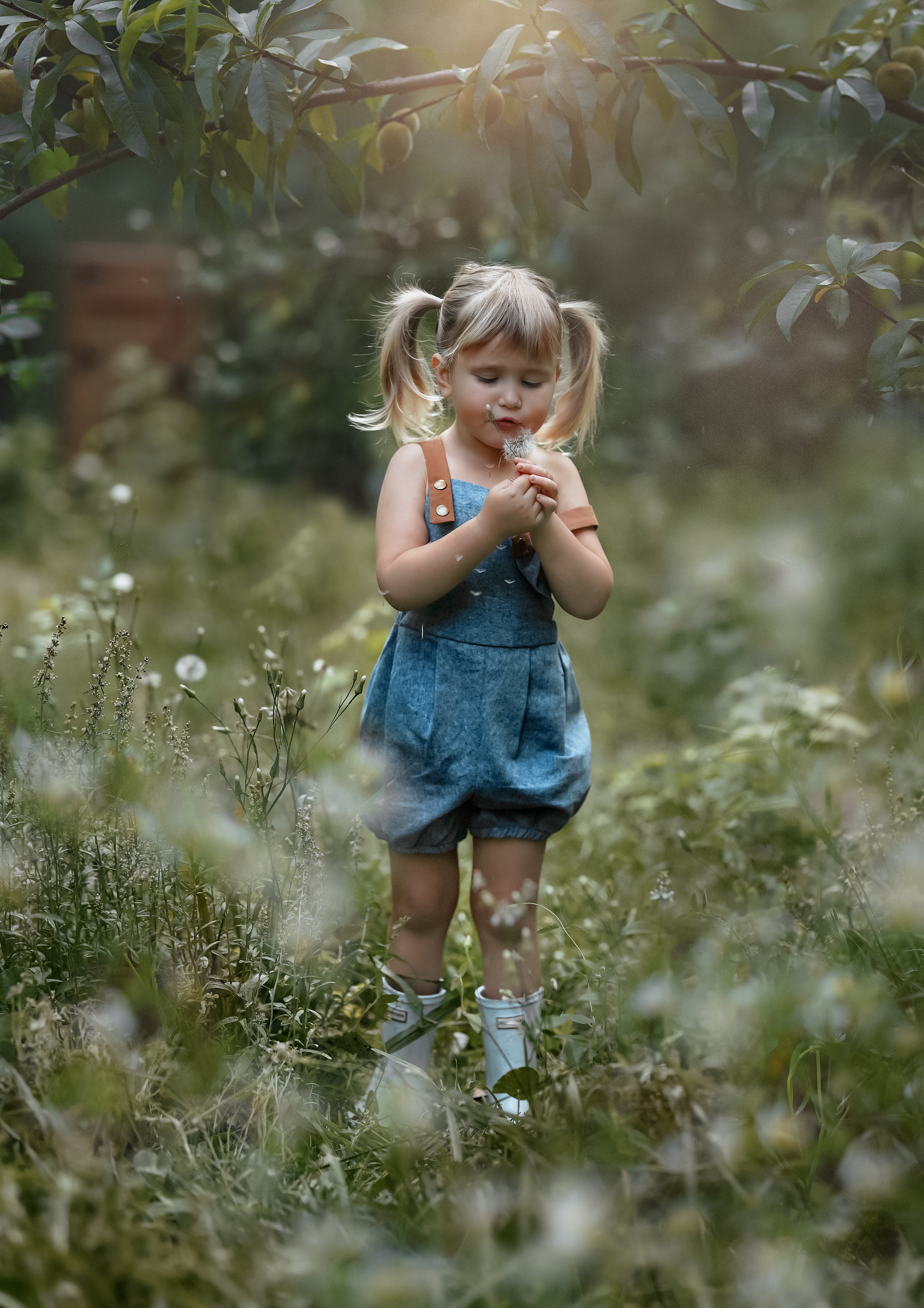 A full view of a little girl in a Blue Jay bubble romper, standing in a sunny field as she blows dandelion seeds. Her joyful expression and the vibrant romper highlight the carefree essence of summer play, surrounded by the beauty of nature.